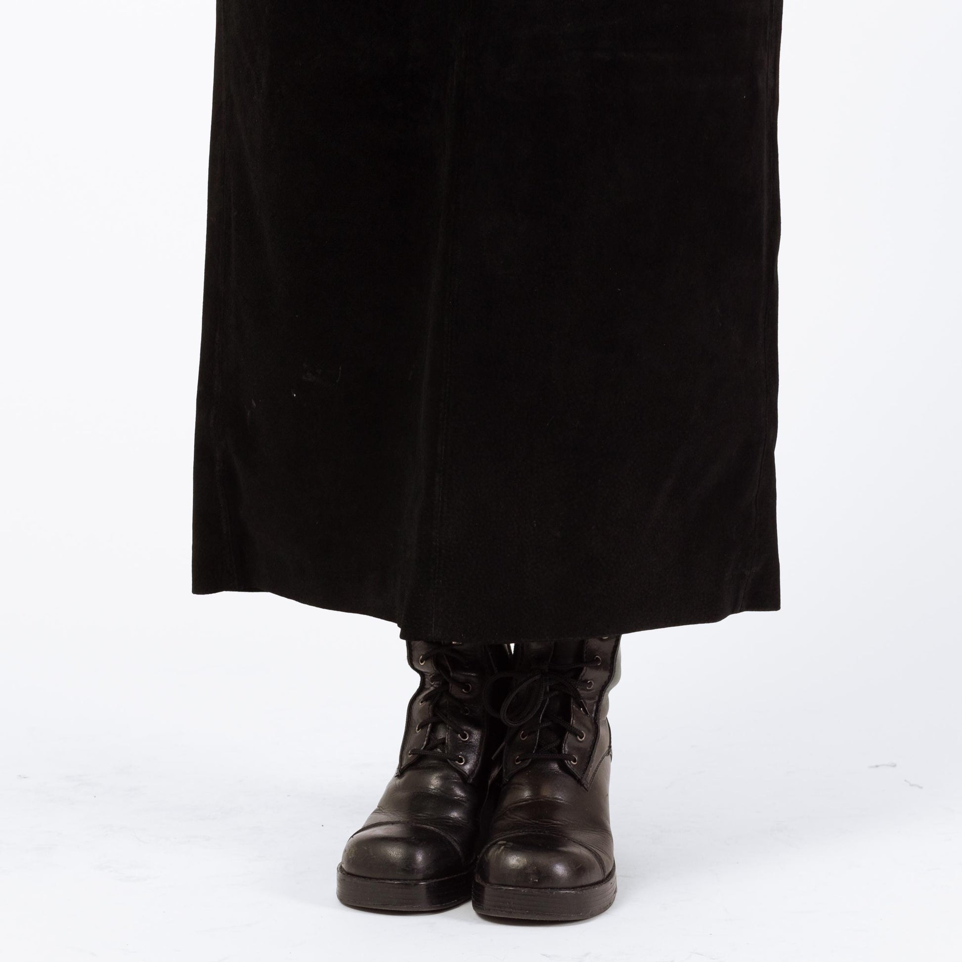 Vintage 90s Black Suede Maxi Skirt - Medium, 30" | High Waisted Long Leather Skirt