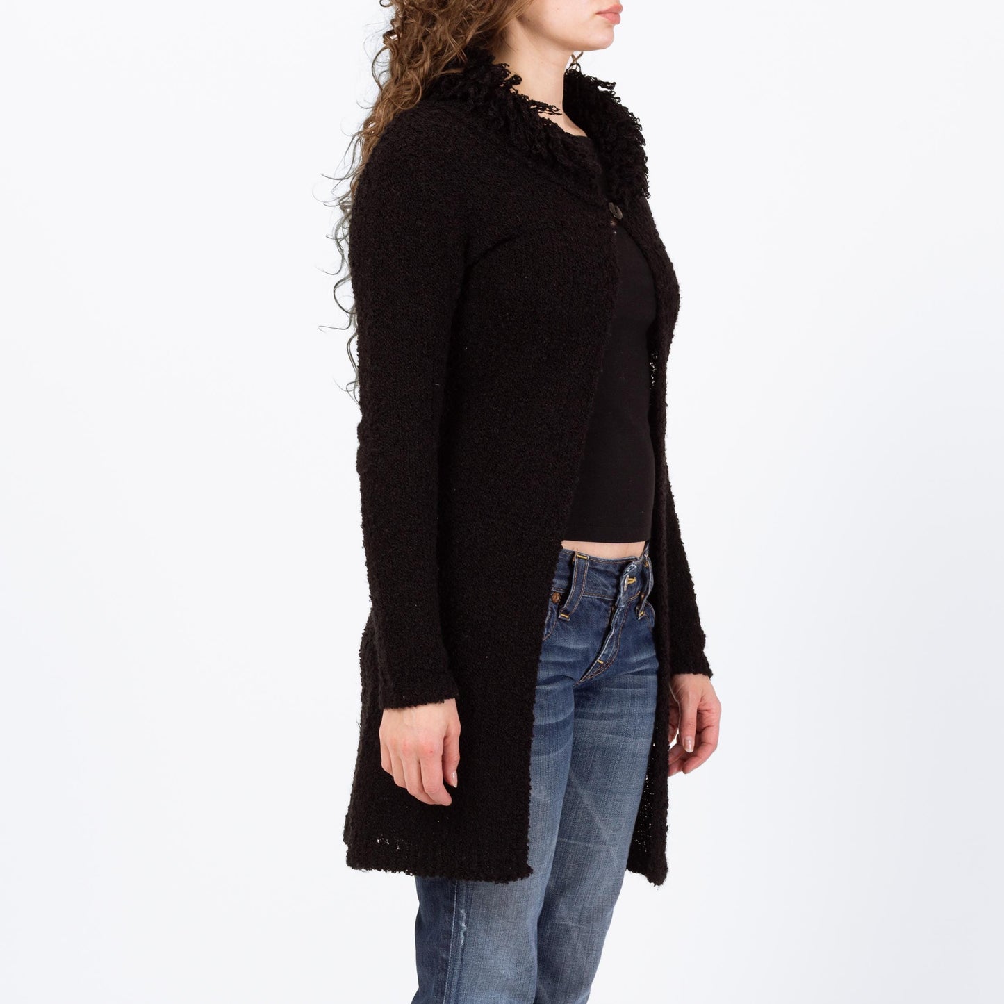 Vintage 90s Black Boucle Shag Collar Cardigan - Small | Chunky Knit Longline Sweater