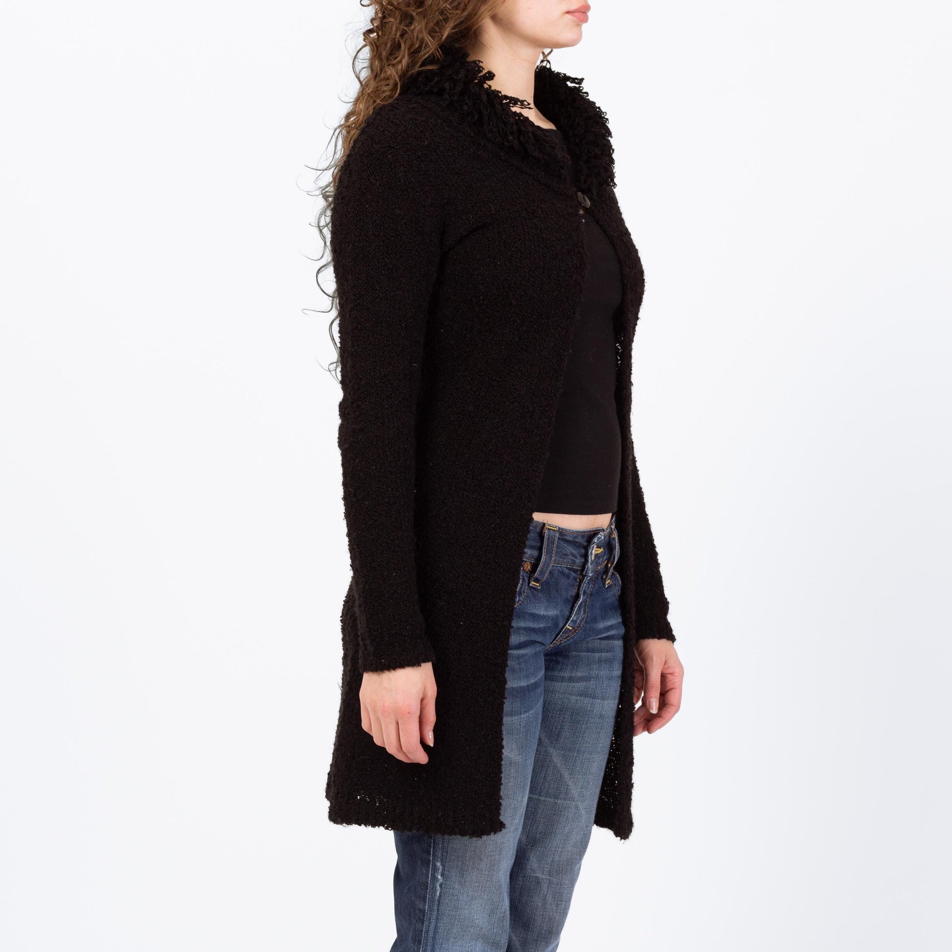 Vintage 90s Black Boucle Shag Collar Cardigan - Small | Chunky Knit Longline Sweater
