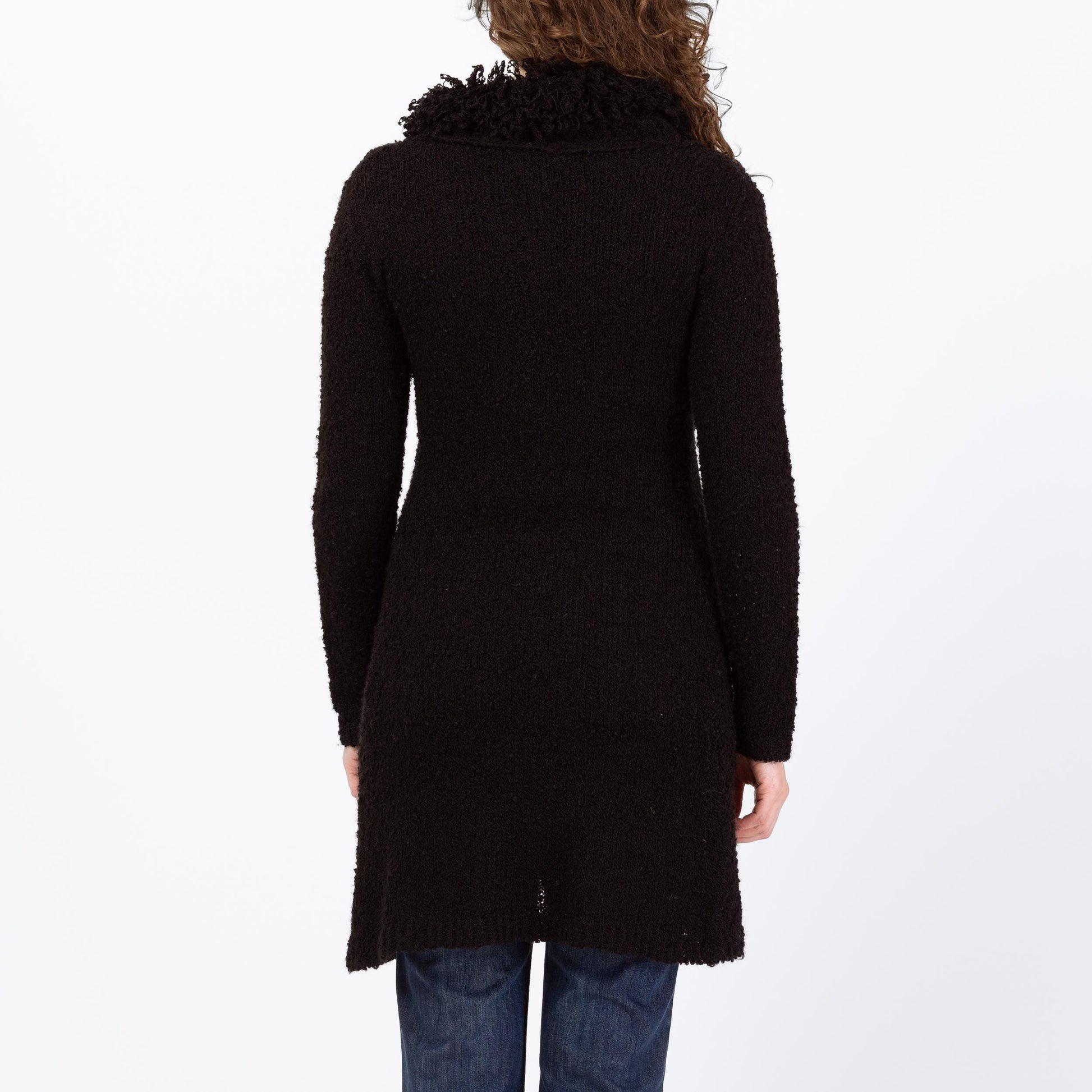 Vintage 90s Black Boucle Shag Collar Cardigan - Small | Chunky Knit Longline Sweater