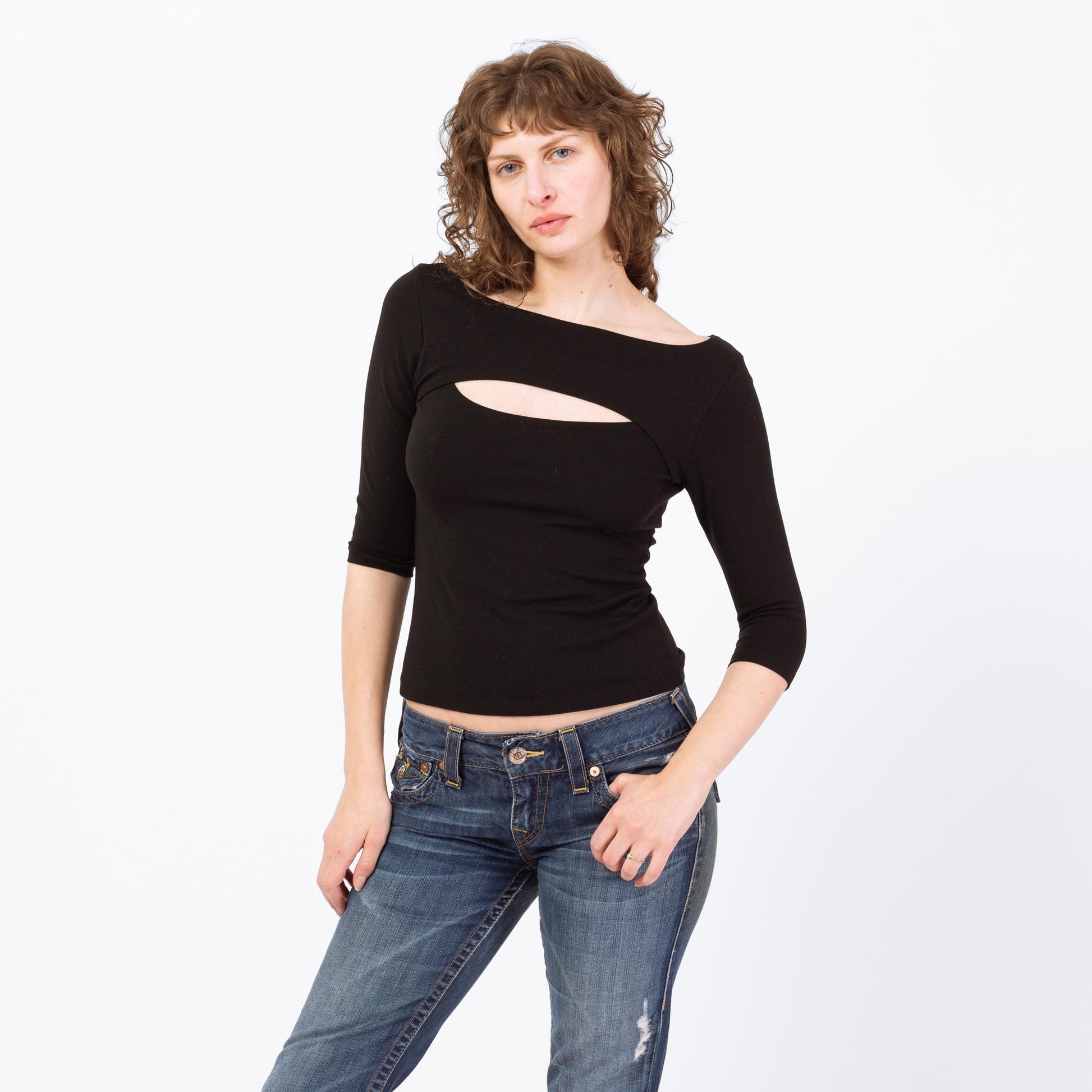 Vintage 90s Y2K Black Keyhole Cut Out Top - Medium to Large | Whimsigoth 3/4 Sleeve Shirt