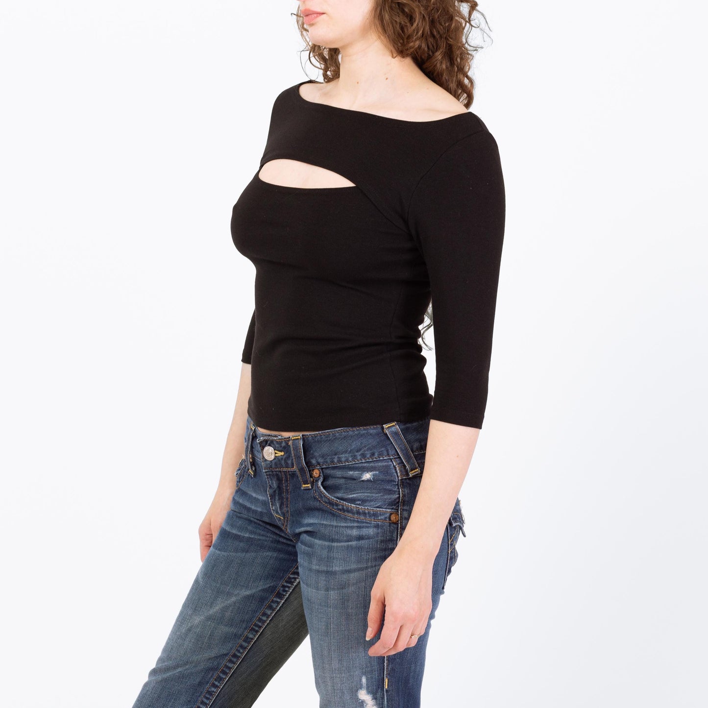 Vintage 90s Y2K Black Keyhole Cut Out Top - Medium to Large | Whimsigoth 3/4 Sleeve Shirt