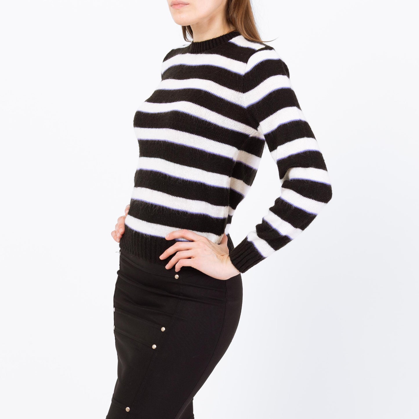 Vintage 80s Black & White Striped Cropped Sweater - Small | Punk Knit Pullover Jumper