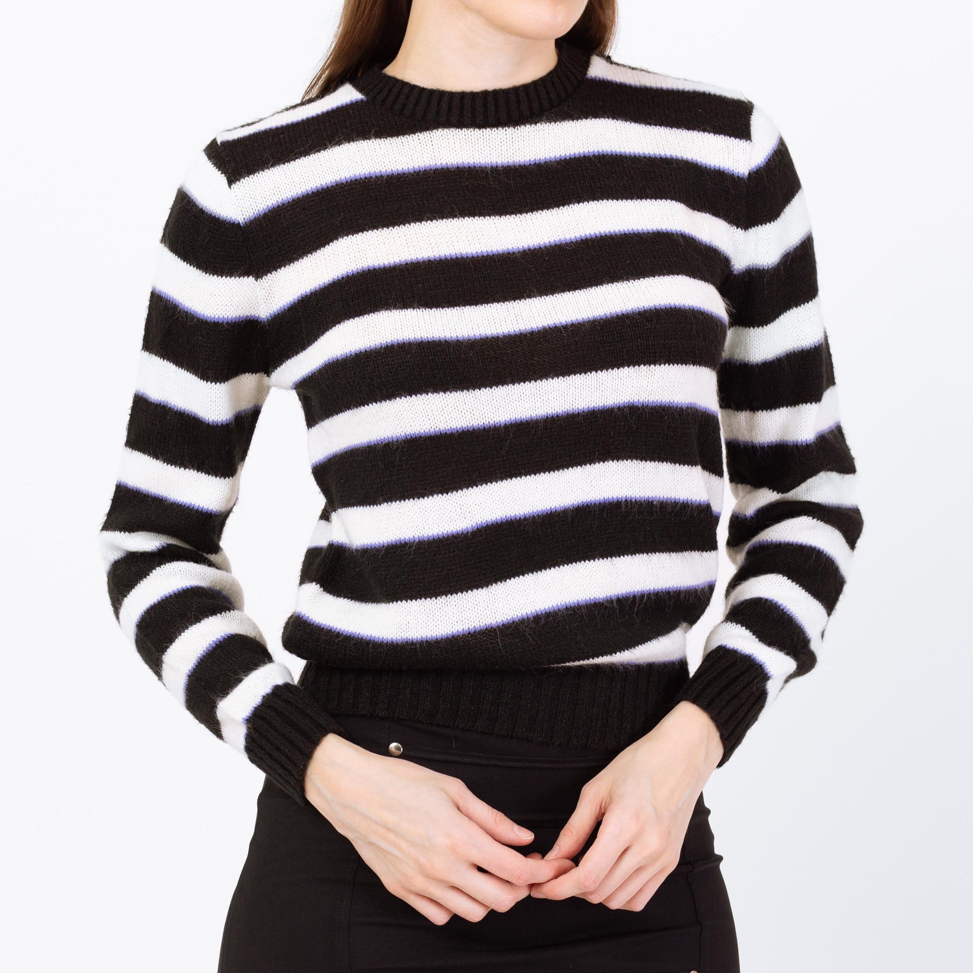 Vintage 80s Black & White Striped Cropped Sweater - Small | Punk Knit Pullover Jumper