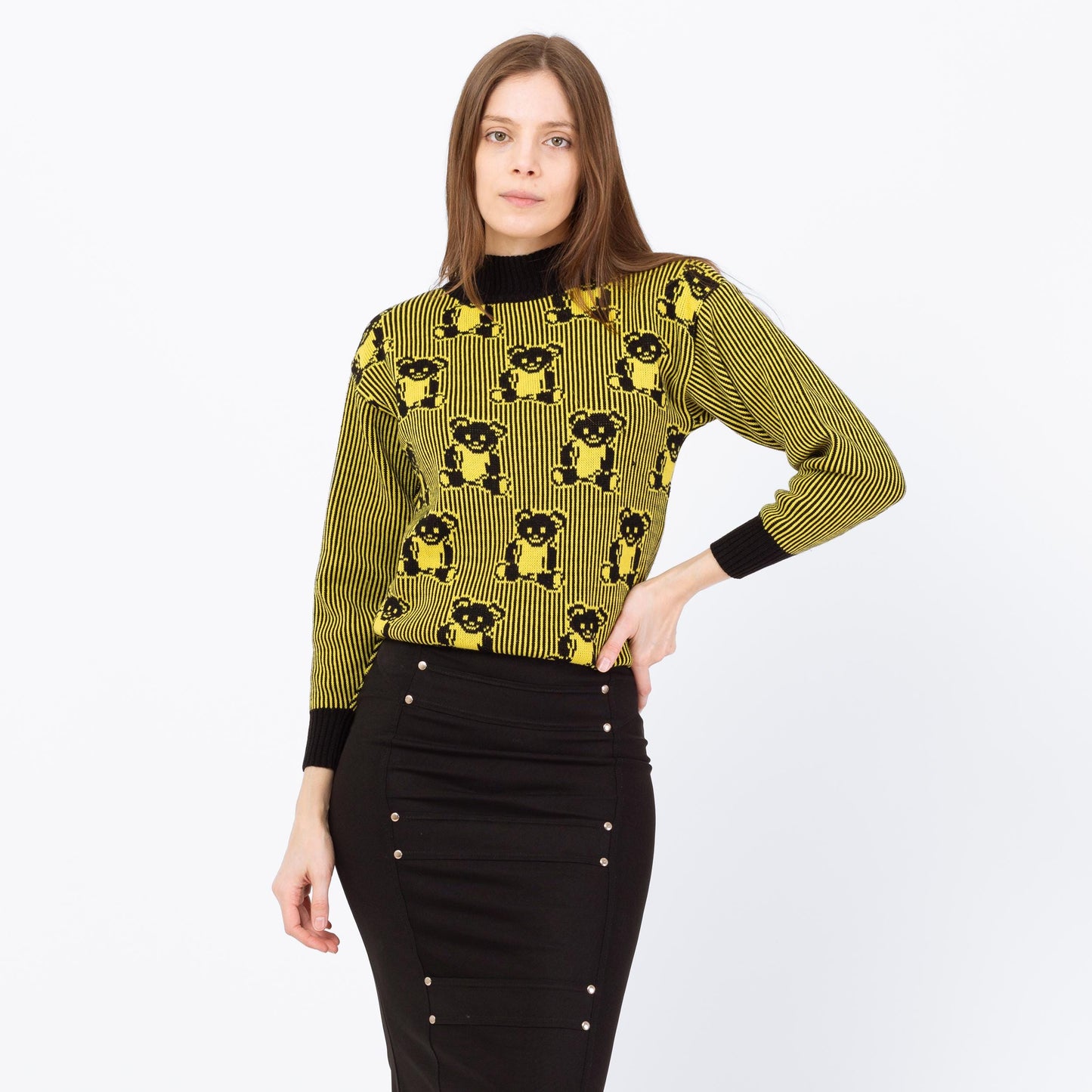 Vintage 80s Goth Teddy Bear Intarsia Knit Sweater - XS to Small | Black & Yellow Pullover