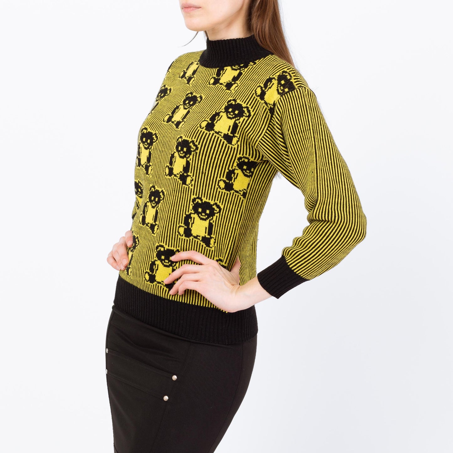 Vintage 80s Goth Teddy Bear Intarsia Knit Sweater - XS to Small | Black & Yellow Pullover
