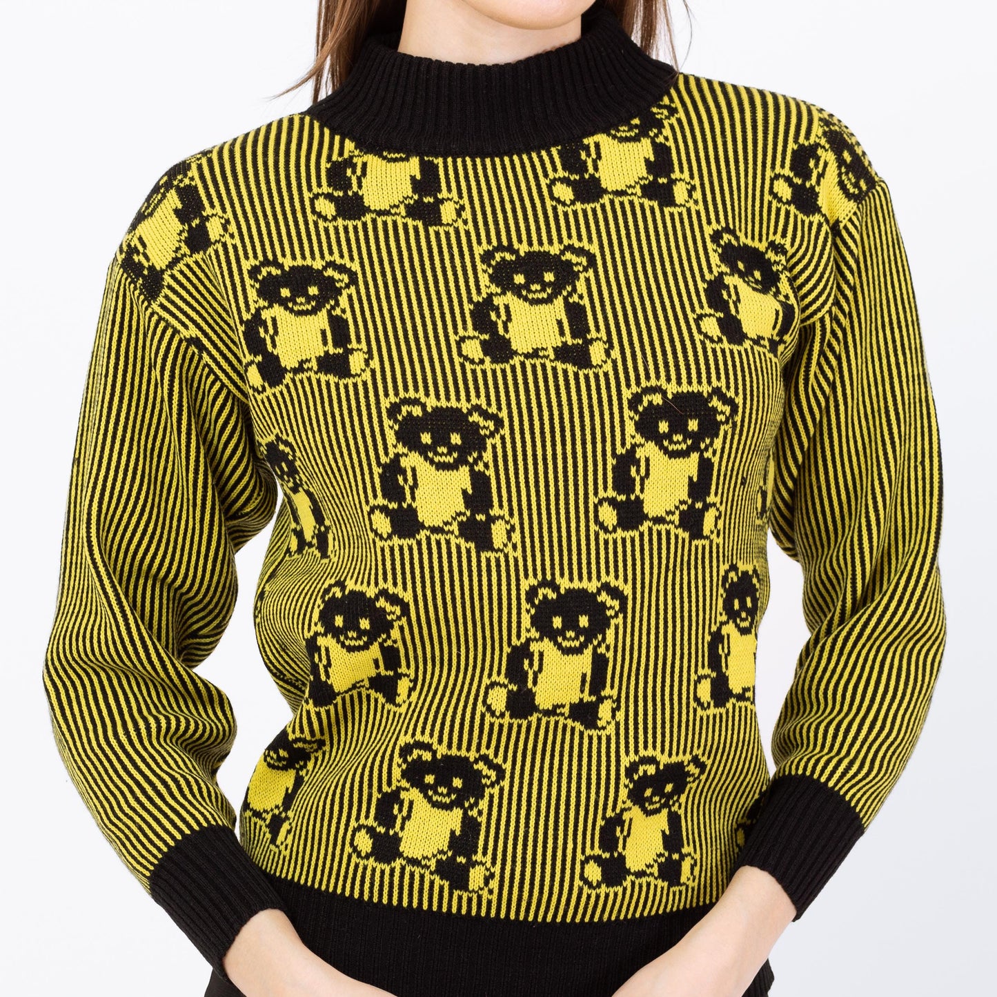 Vintage 80s Goth Teddy Bear Intarsia Knit Sweater - XS to Small | Black & Yellow Pullover