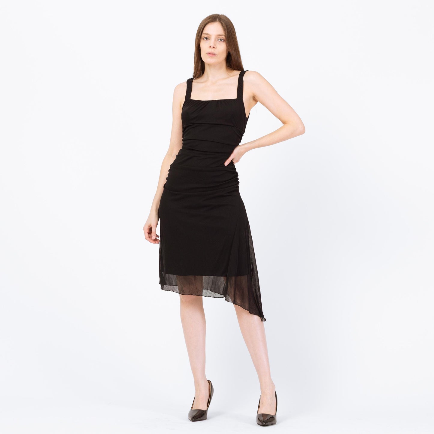Vintage 90s Black Asymmetrical Midi Party Dress - Small to Medium | Ruched Bodice High Low Hem Dress