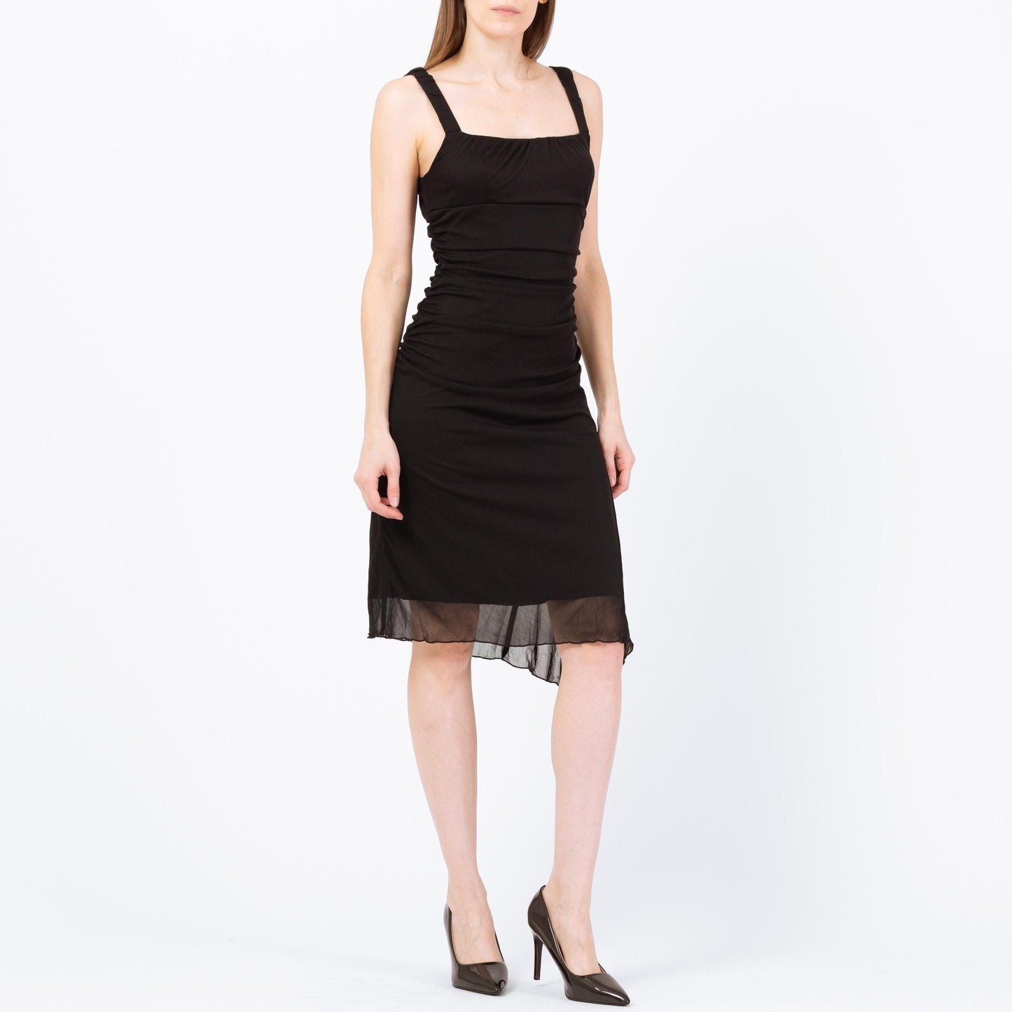 Vintage 90s Black Asymmetrical Midi Party Dress - Small to Medium | Ruched Bodice High Low Hem Dress