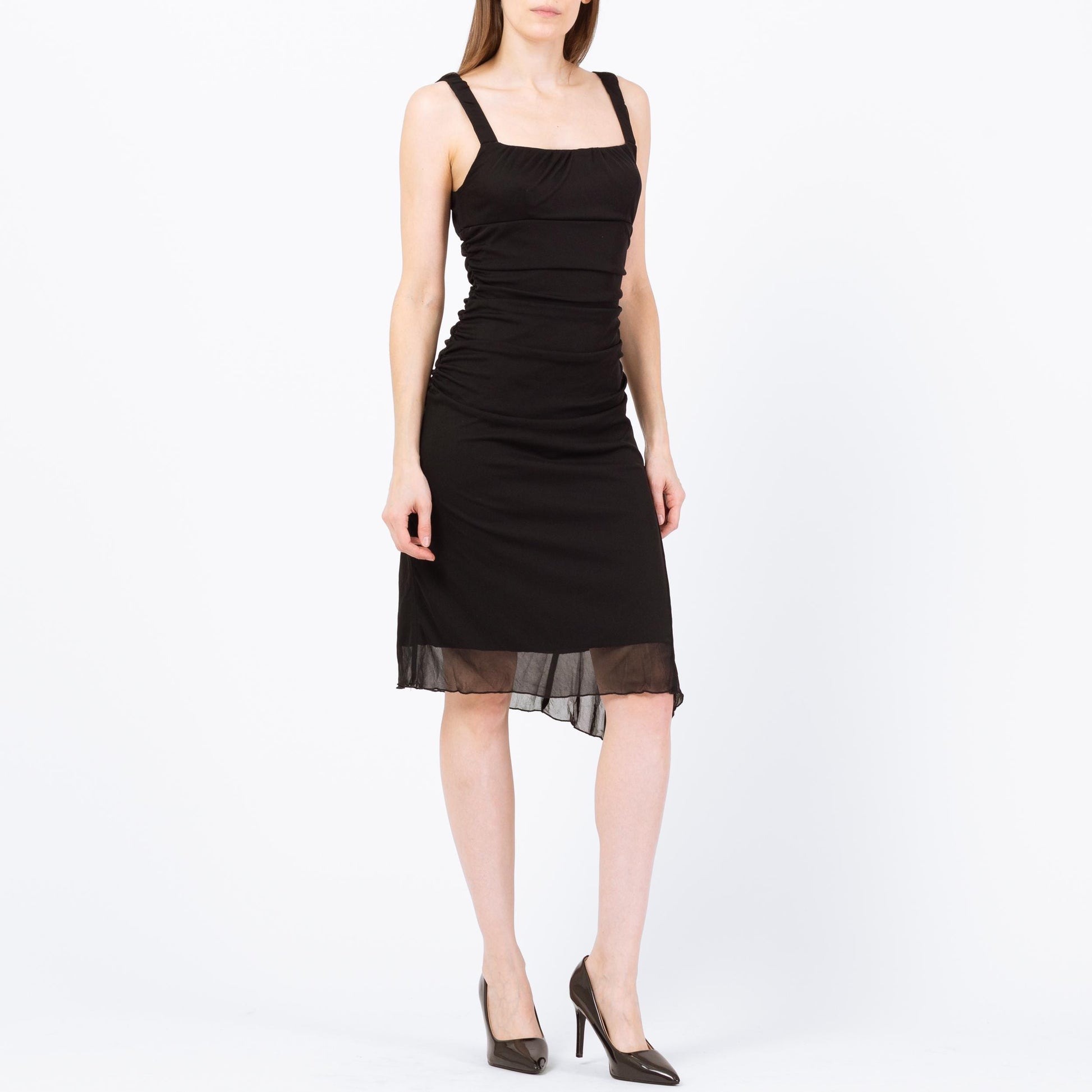 Vintage 90s Black Asymmetrical Midi Party Dress - Small to Medium | Ruched Bodice High Low Hem Dress