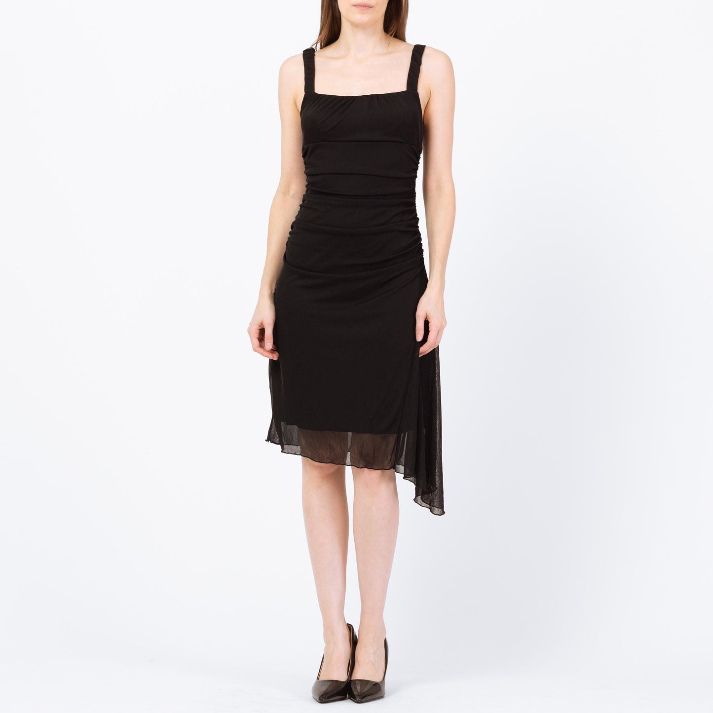 Vintage 90s Black Asymmetrical Midi Party Dress - Small to Medium | Ruched Bodice High Low Hem Dress