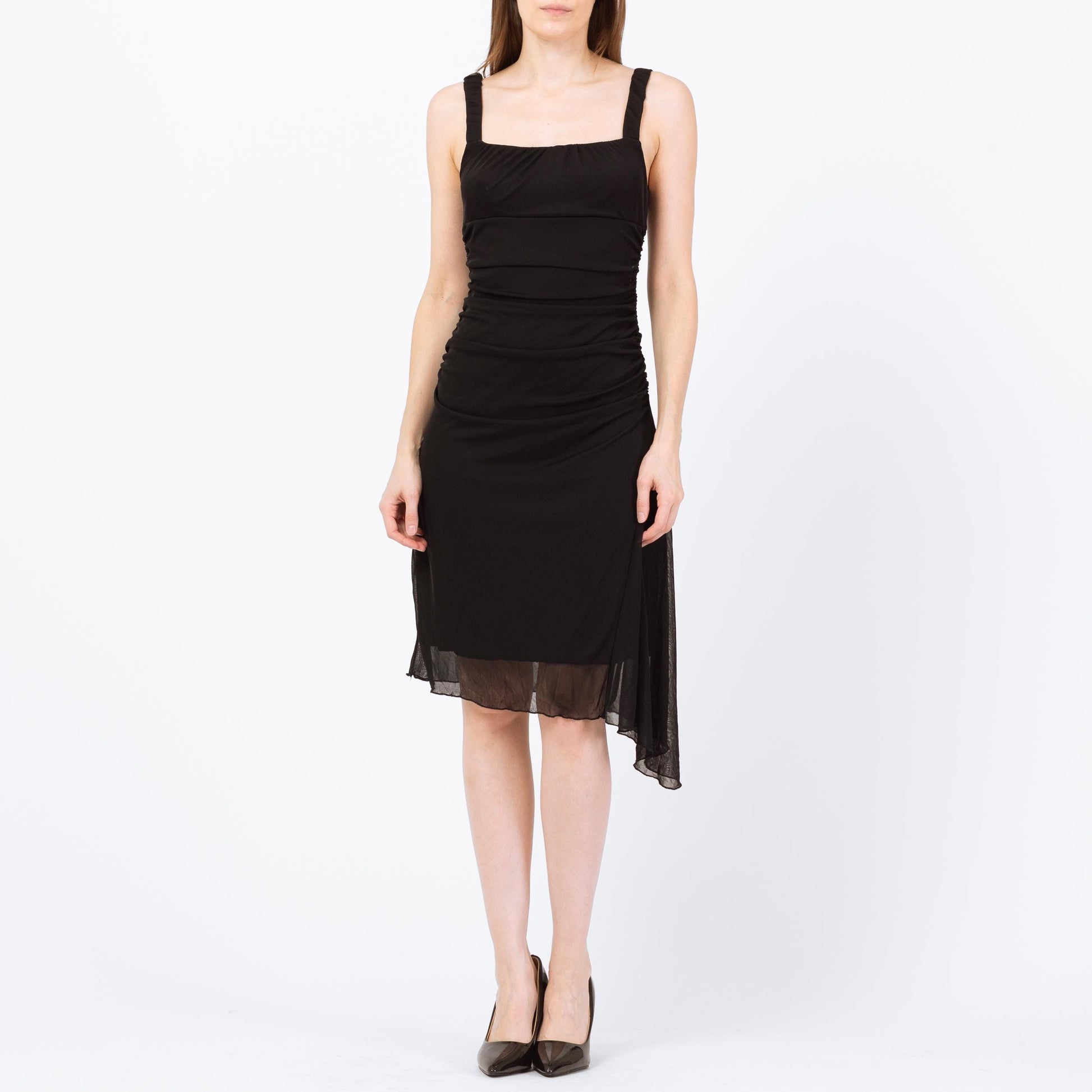 Vintage 90s Black Asymmetrical Midi Party Dress - Small to Medium | Ruched Bodice High Low Hem Dress