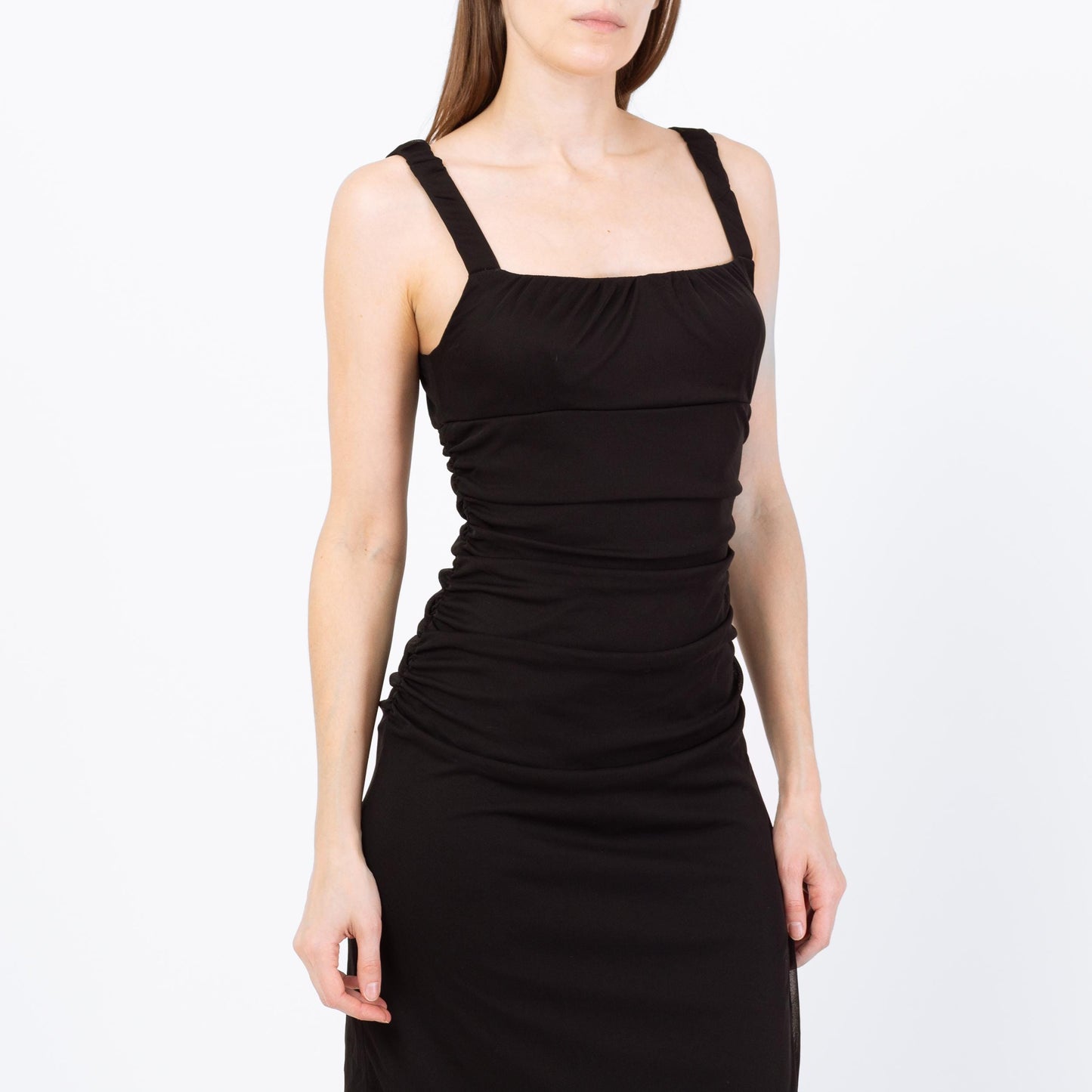 Vintage 90s Black Asymmetrical Midi Party Dress - Small to Medium | Ruched Bodice High Low Hem Dress