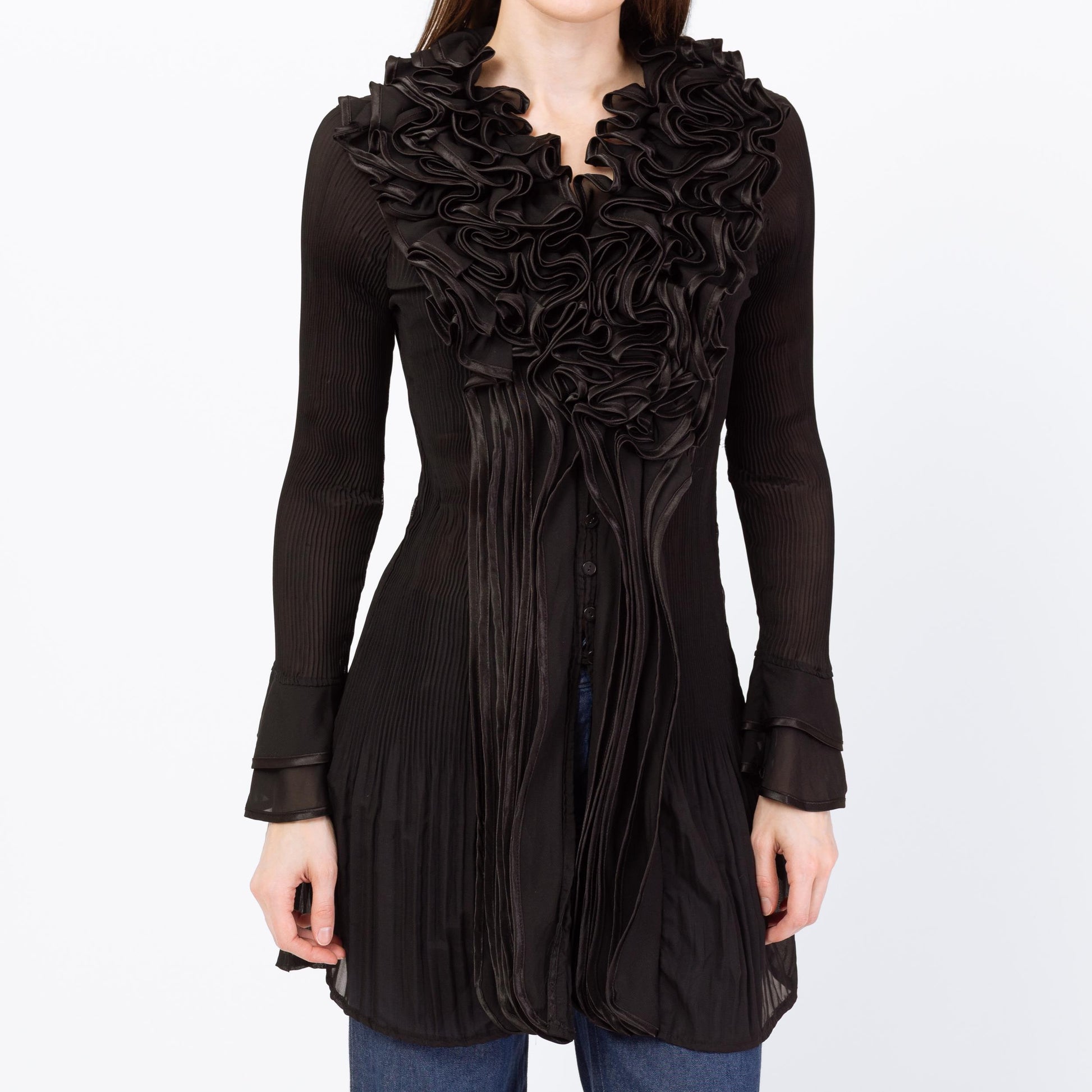 Vintage 90s Black Sheer Plisse Ruffle Collar Blouse - Small | Silk Blend Longline Tuxedo Top