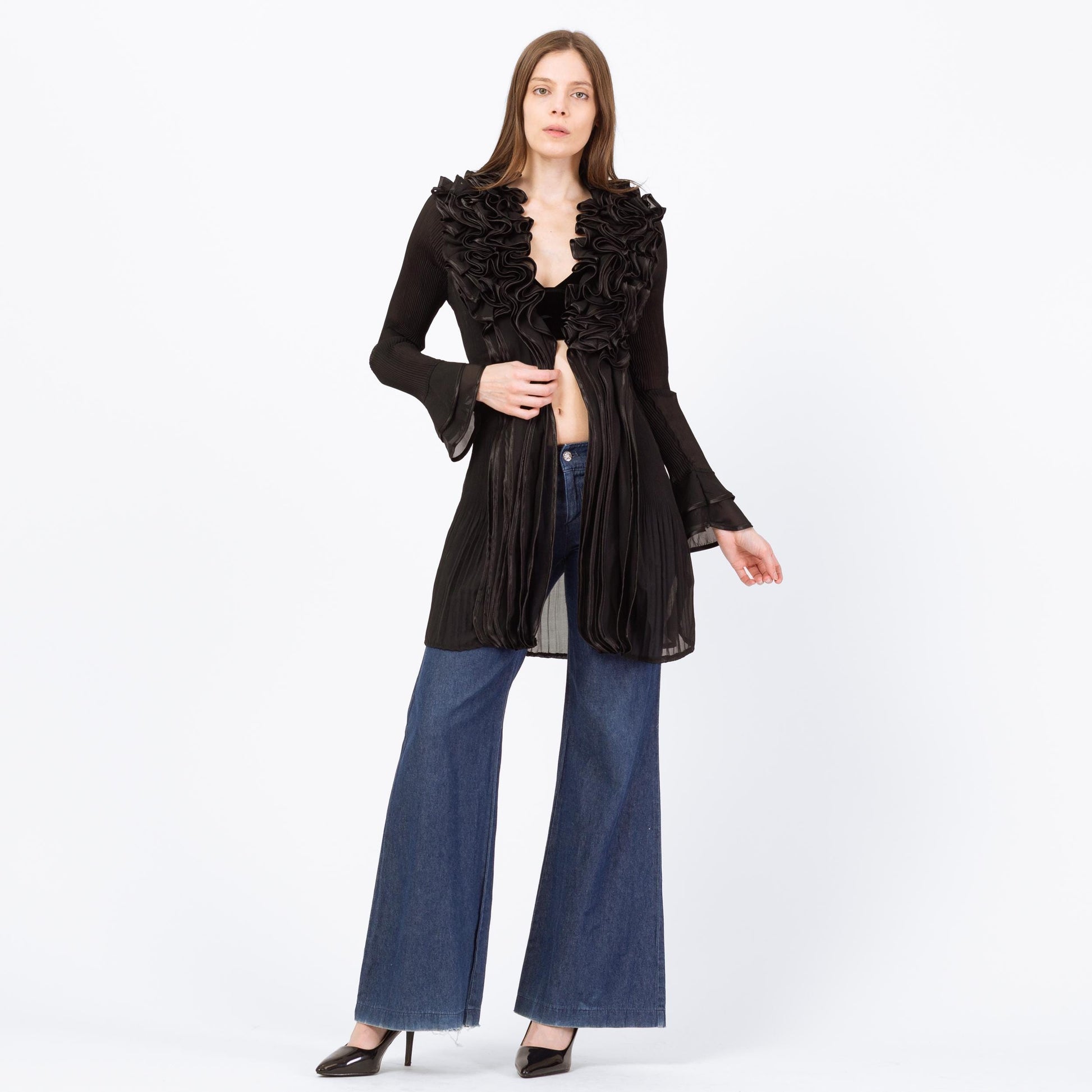 Vintage 90s Black Sheer Plisse Ruffle Collar Blouse - Small | Silk Blend Longline Tuxedo Top