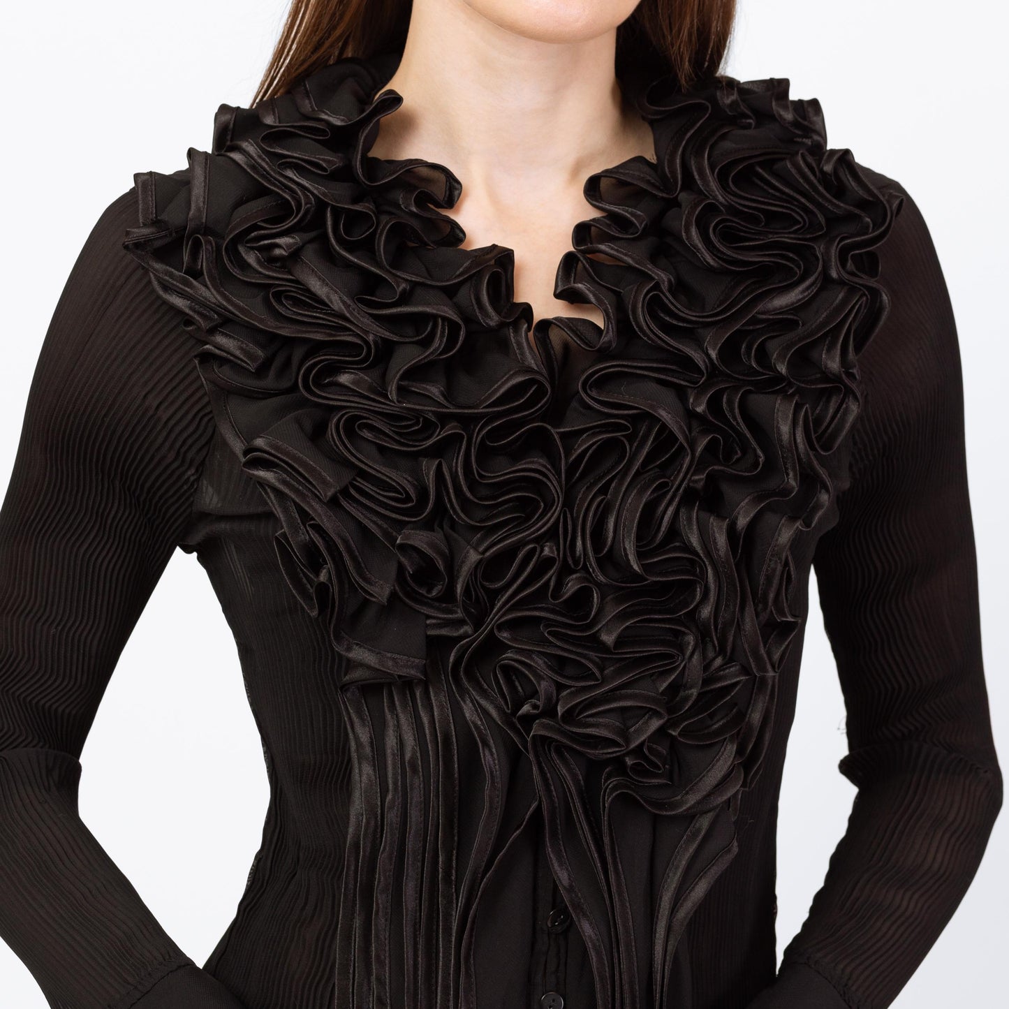 Vintage 90s Black Sheer Plisse Ruffle Collar Blouse - Small | Silk Blend Longline Tuxedo Top