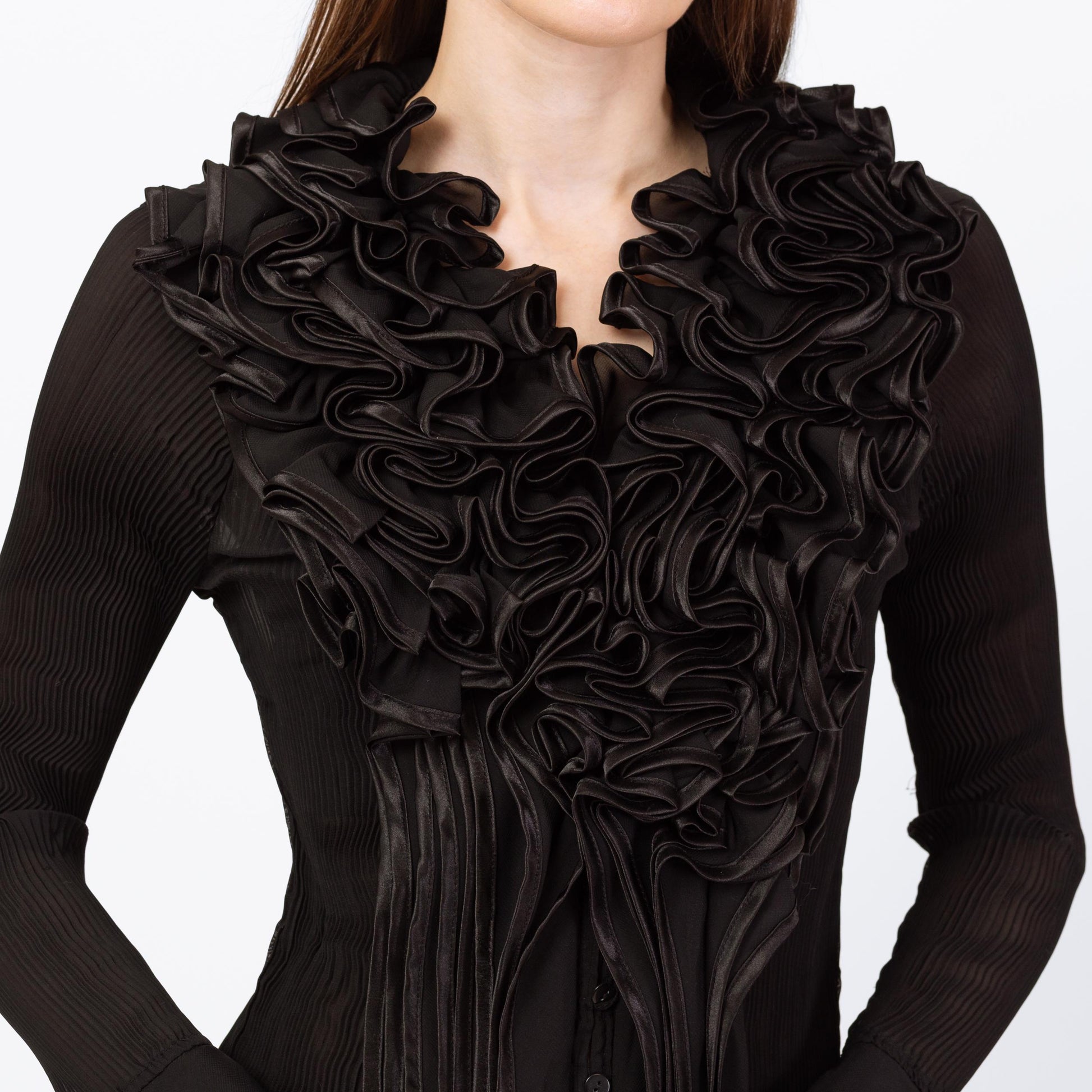 Vintage 90s Black Sheer Plisse Ruffle Collar Blouse - Small | Silk Blend Longline Tuxedo Top