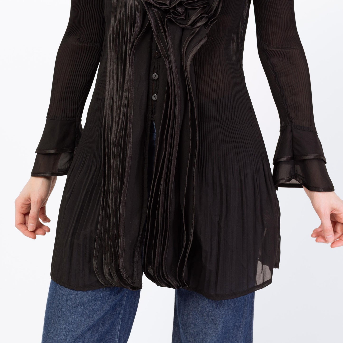 Vintage 90s Black Sheer Plisse Ruffle Collar Blouse - Small | Silk Blend Longline Tuxedo Top