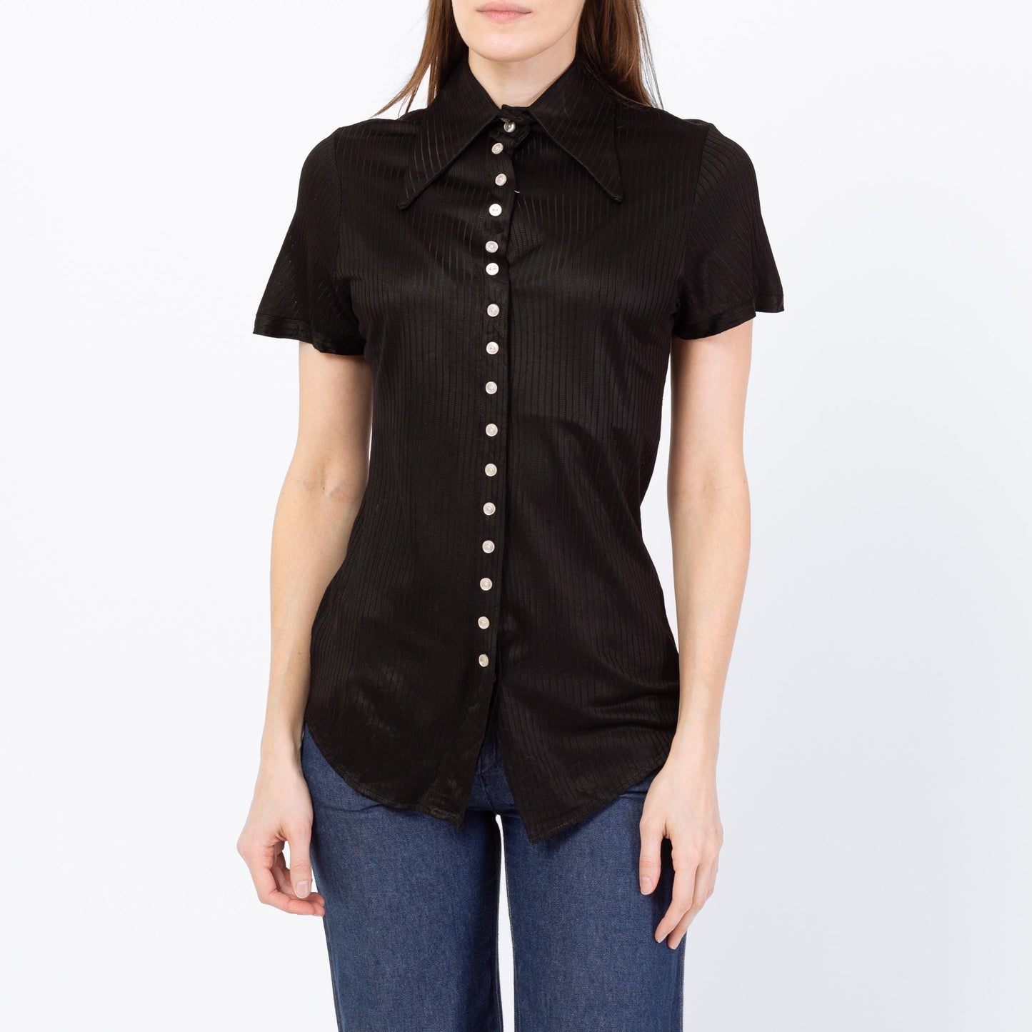 Vintage 70s Black Dagger Collar Mini Button Shirt - Extra Small | Retro Short Sleeve Top