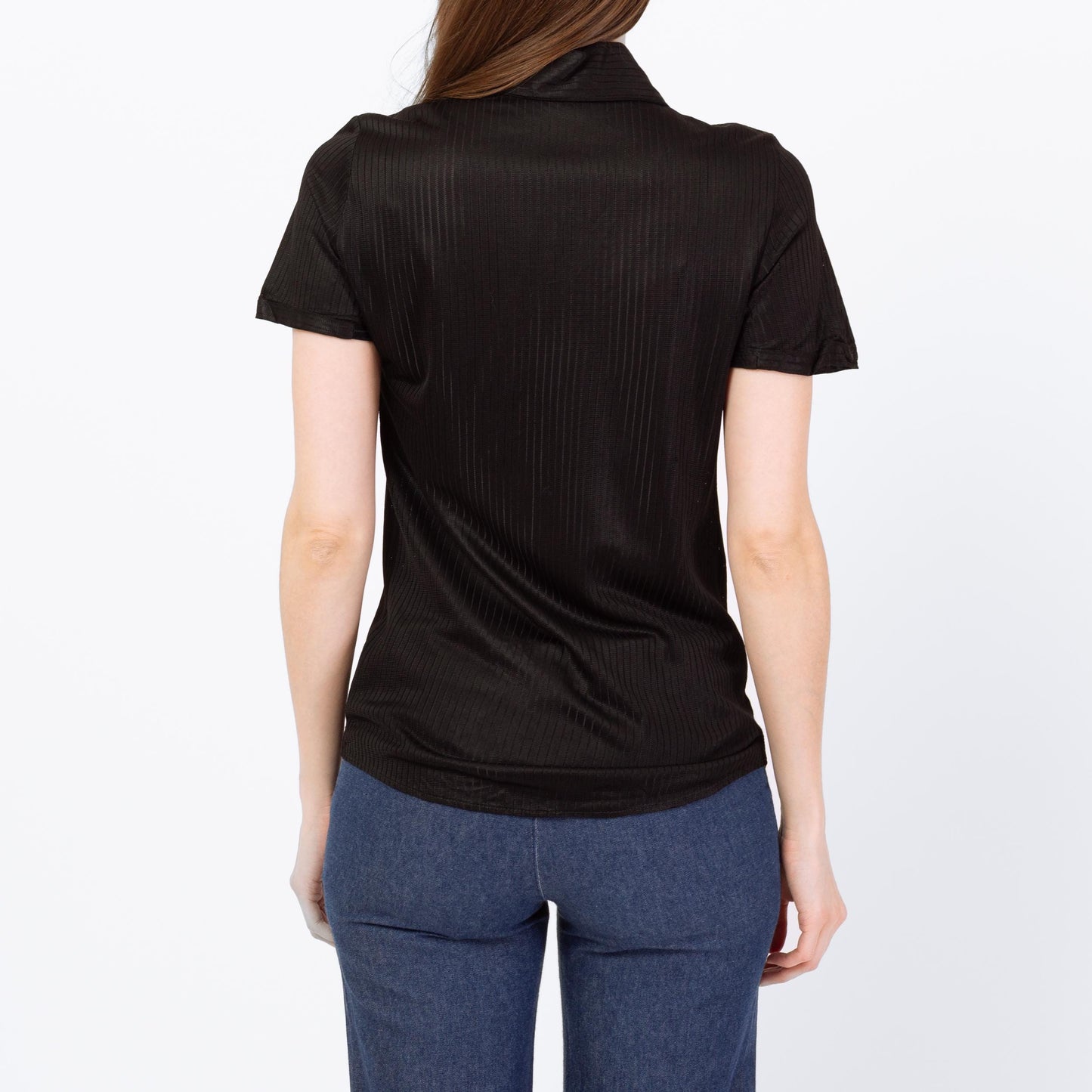 Vintage 70s Black Dagger Collar Mini Button Shirt - Extra Small | Retro Short Sleeve Top