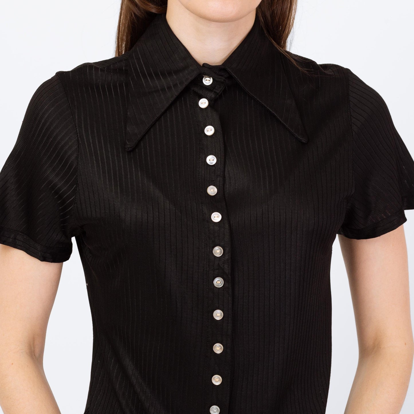 Vintage 70s Black Dagger Collar Mini Button Shirt - Extra Small | Retro Short Sleeve Top