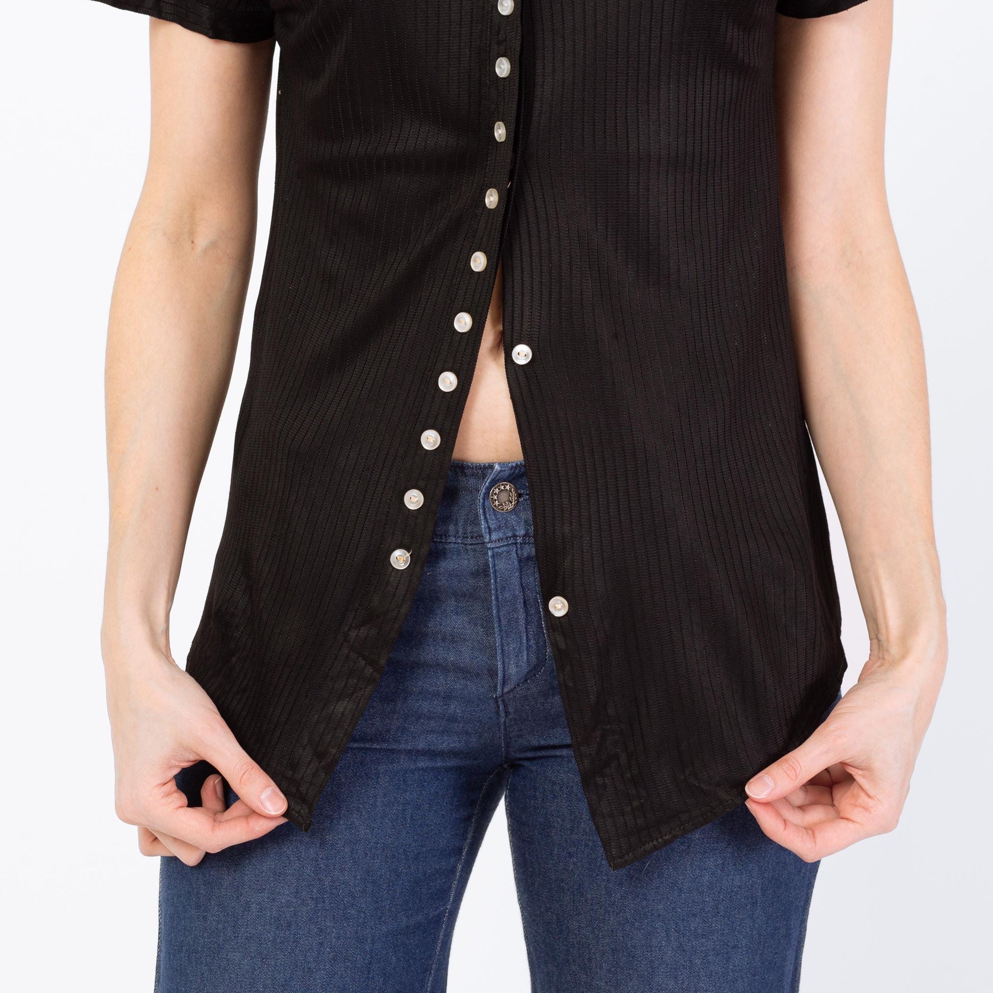 Vintage 70s Black Dagger Collar Mini Button Shirt - Extra Small | Retro Short Sleeve Top