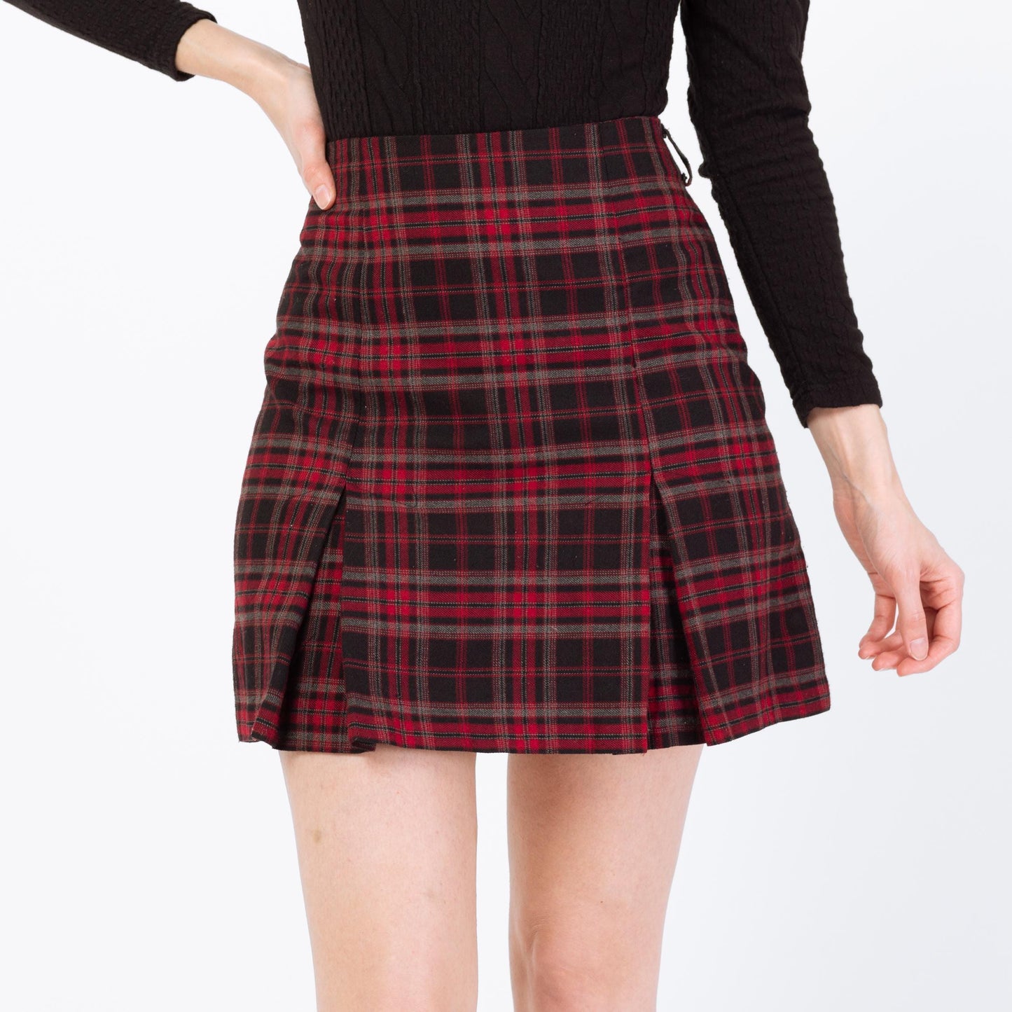 Vintage 90s Red & Black Plaid Mini Schoolgirl Skirt - Small, 27" | High Waisted Miniskirt