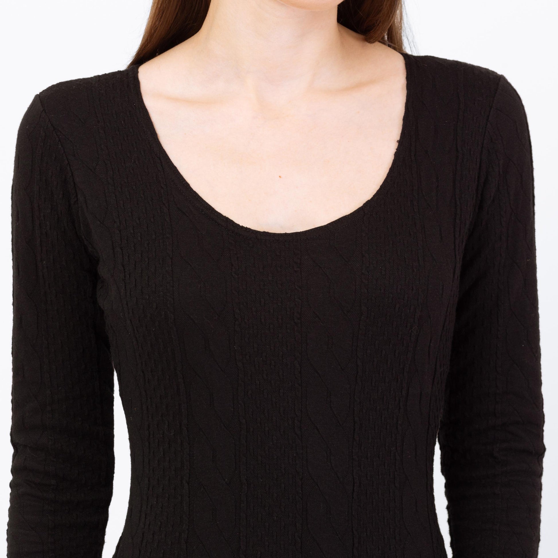 Vintage 80s Black Cable Knit Bodysuit Top - Small | Long Sleeve High Hip One Piece