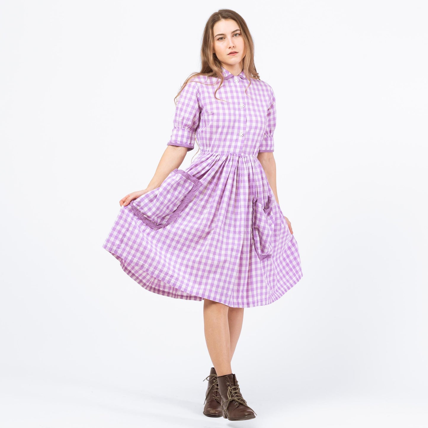 Vintage 50s Purple Gingham Fit & Flare Dress - XXS | Retro 1950s Midi Day Dress
