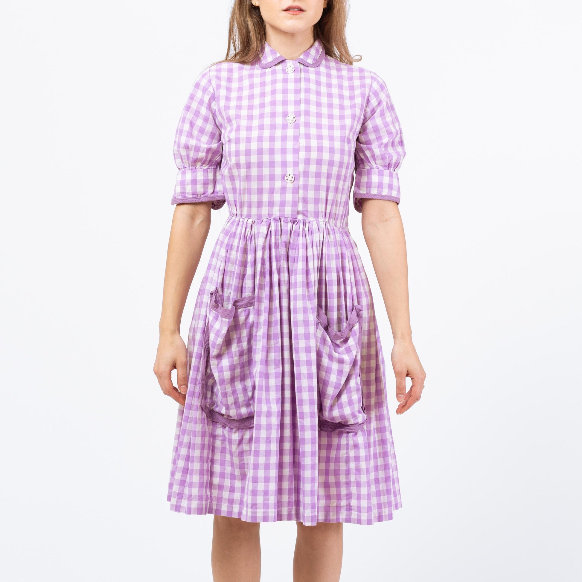 Vintage 50s Purple Gingham Fit & Flare Dress - XXS | Retro 1950s Midi Day Dress