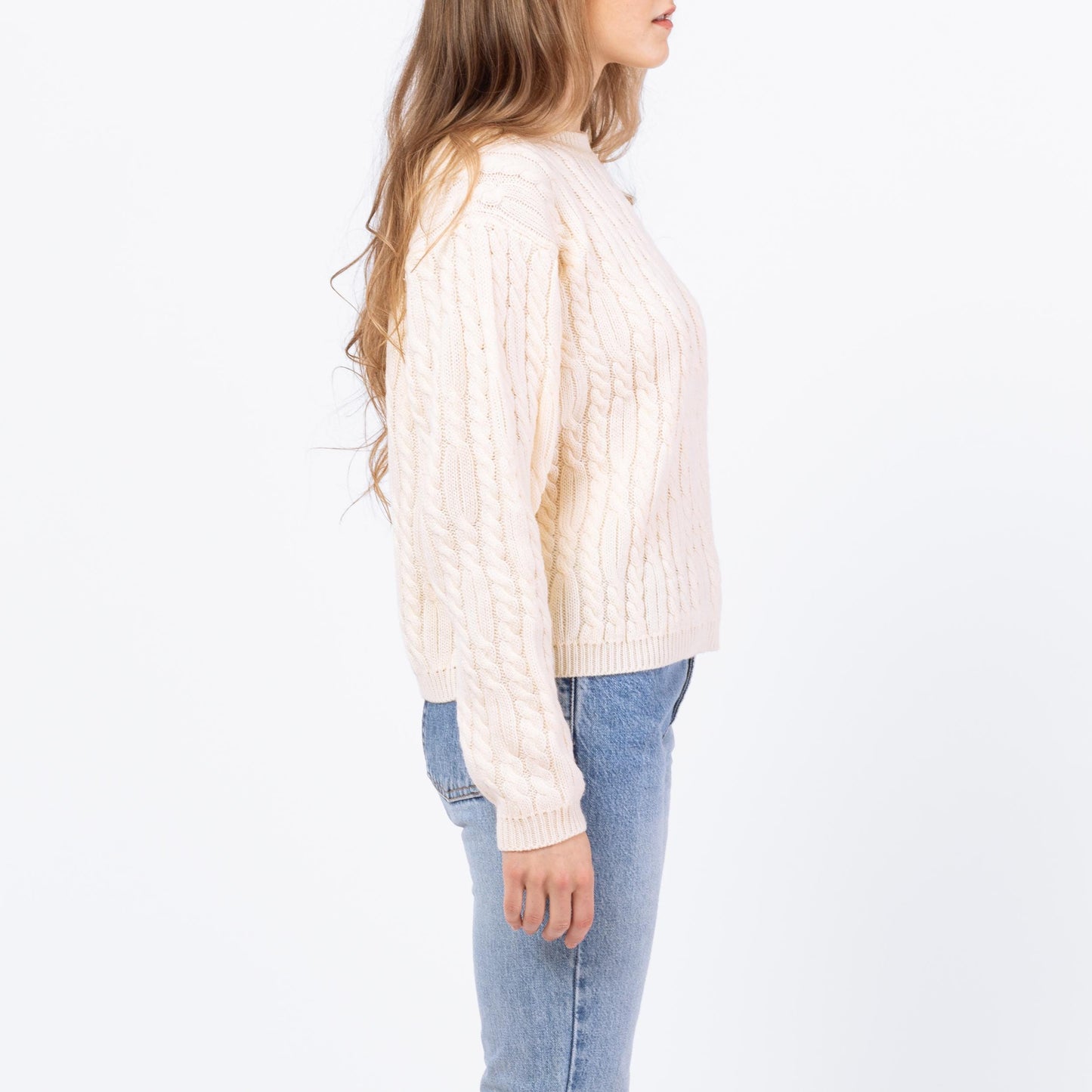 Vintage 90s Cream Cable Knit Sweater - Petite Medium | Chunky Knit Pullover Fisherman Jumper