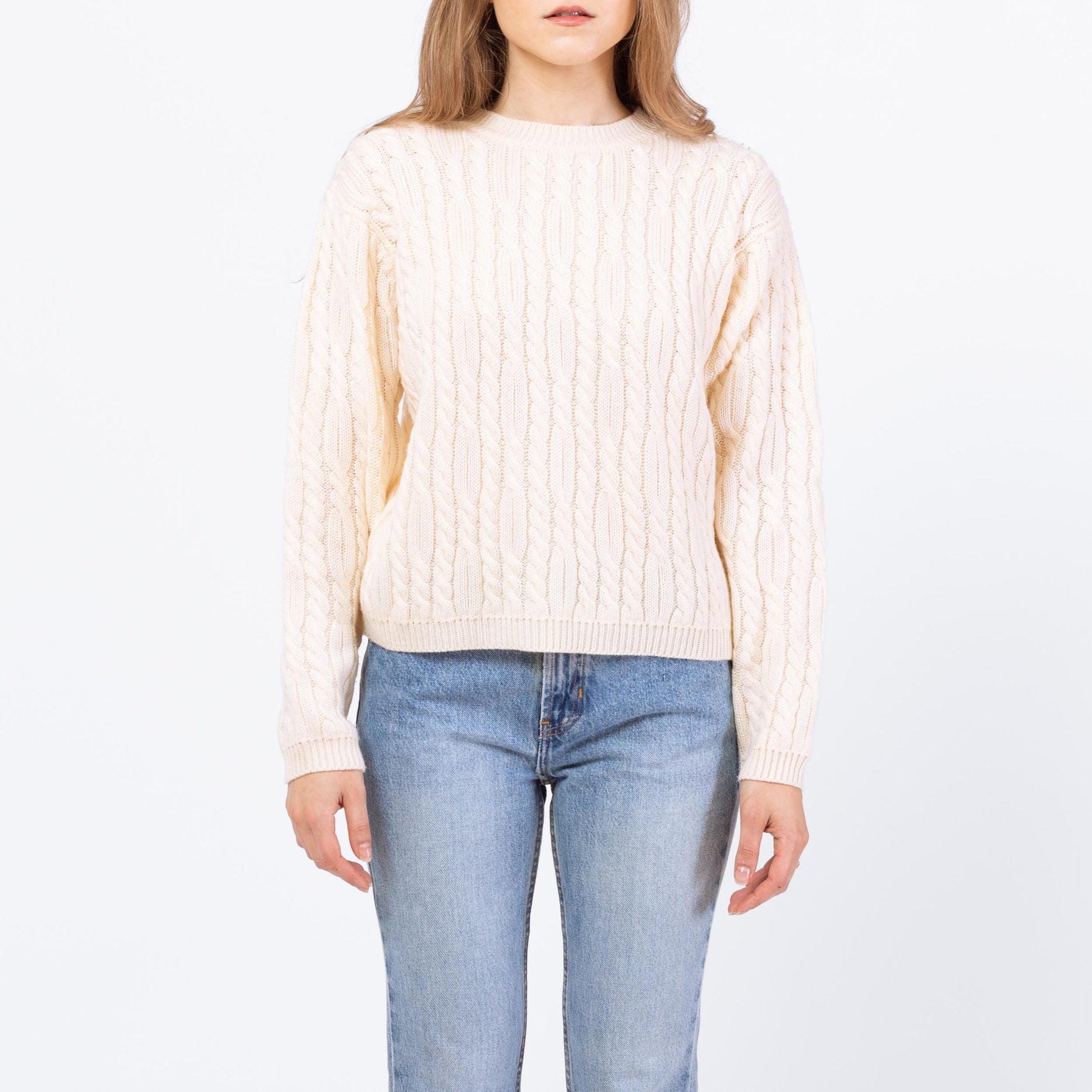 Vintage 90s Cream Cable Knit Sweater - Petite Medium | Chunky Knit Pullover Fisherman Jumper