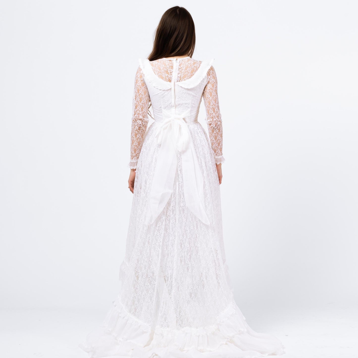 Vintage 60s 70s White Lace Wedding Dress - XXS | Long Sheer Sleeve Full Skirt Bridal Gown