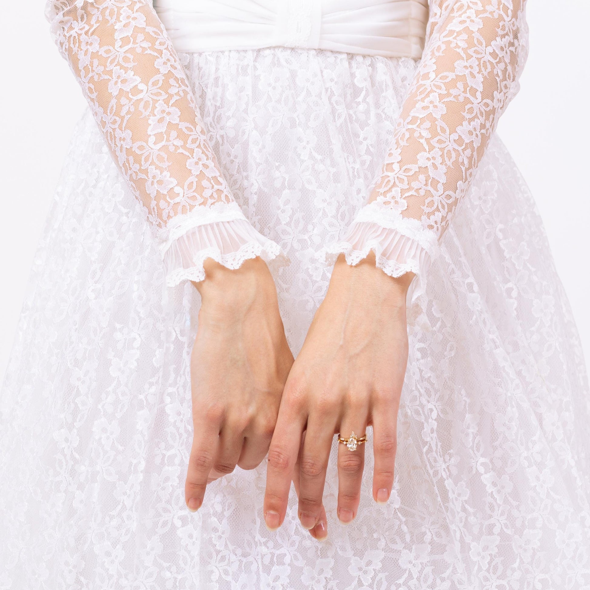 Vintage 60s 70s White Lace Wedding Dress - XXS | Long Sheer Sleeve Full Skirt Bridal Gown