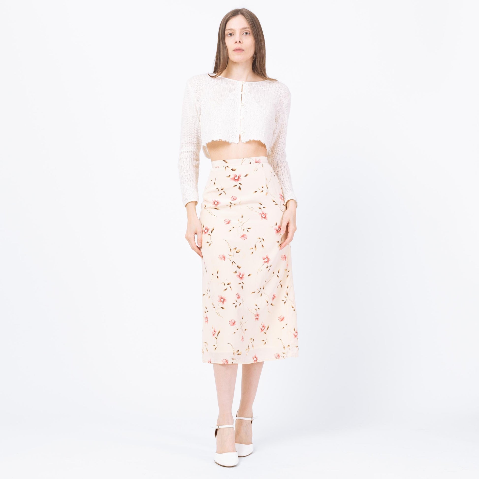 Vintage 90s Cream Silk Floral Midi Skirt - Extra Small, 24" | Boho High Waisted A Line Skirt