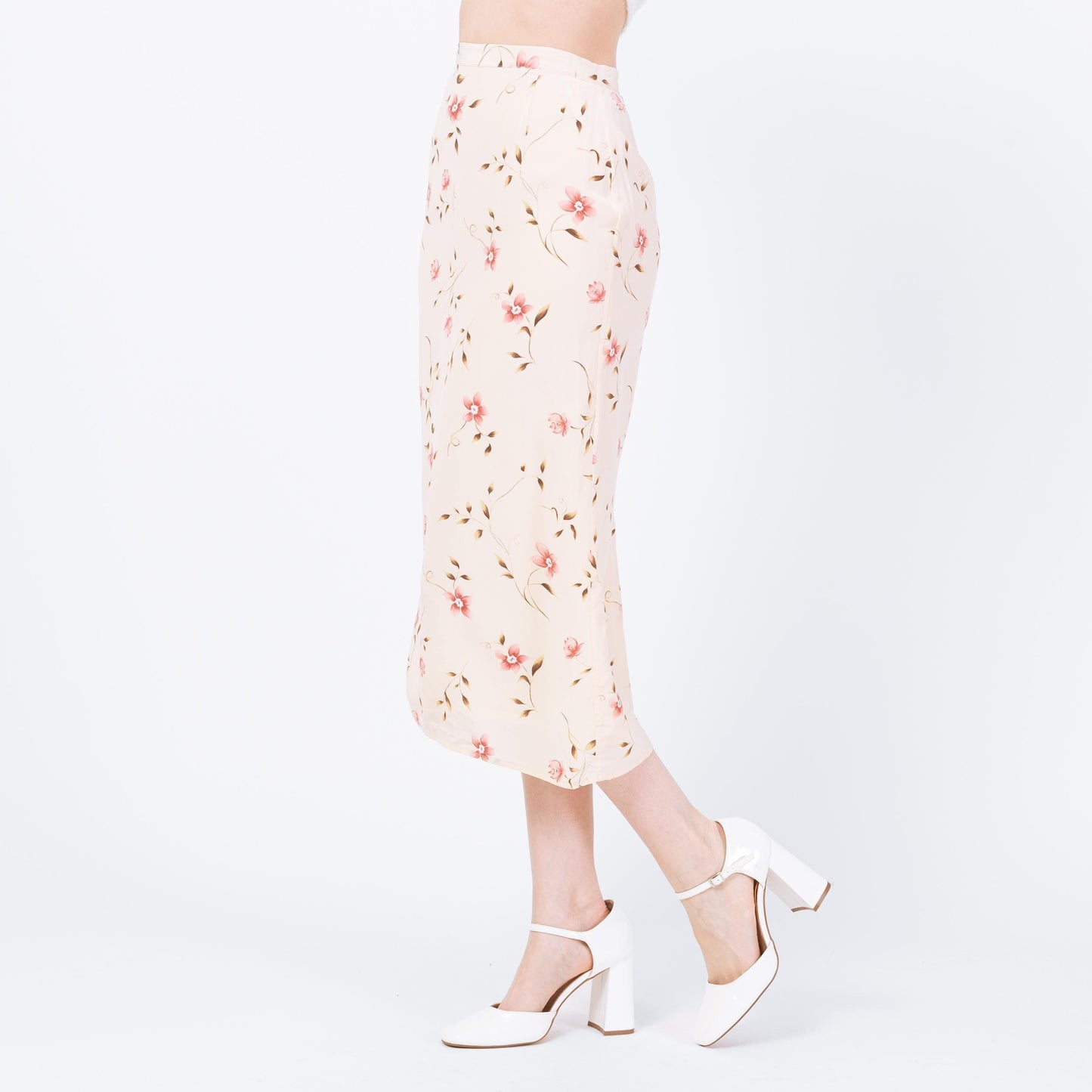 Vintage 90s Cream Silk Floral Midi Skirt - Extra Small, 24" | Boho High Waisted A Line Skirt