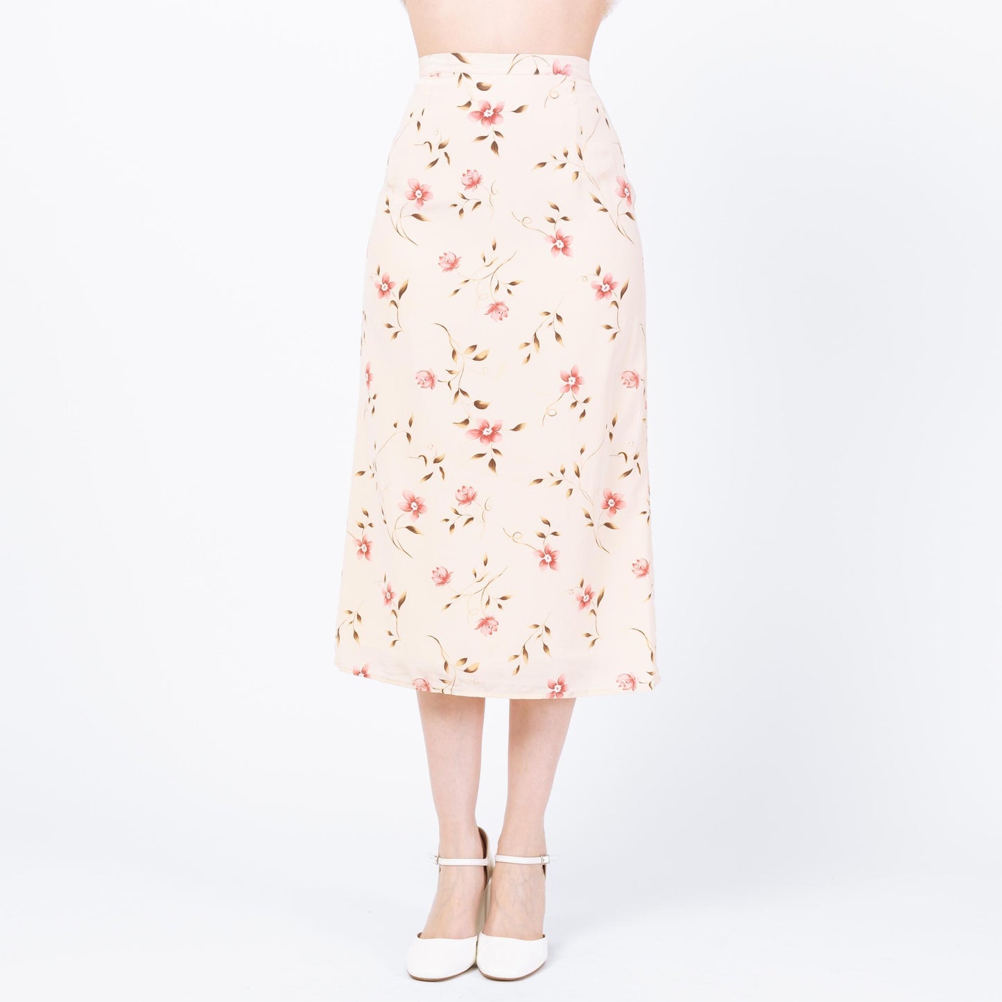 Vintage 90s Cream Silk Floral Midi Skirt - Extra Small, 24" | Boho High Waisted A Line Skirt