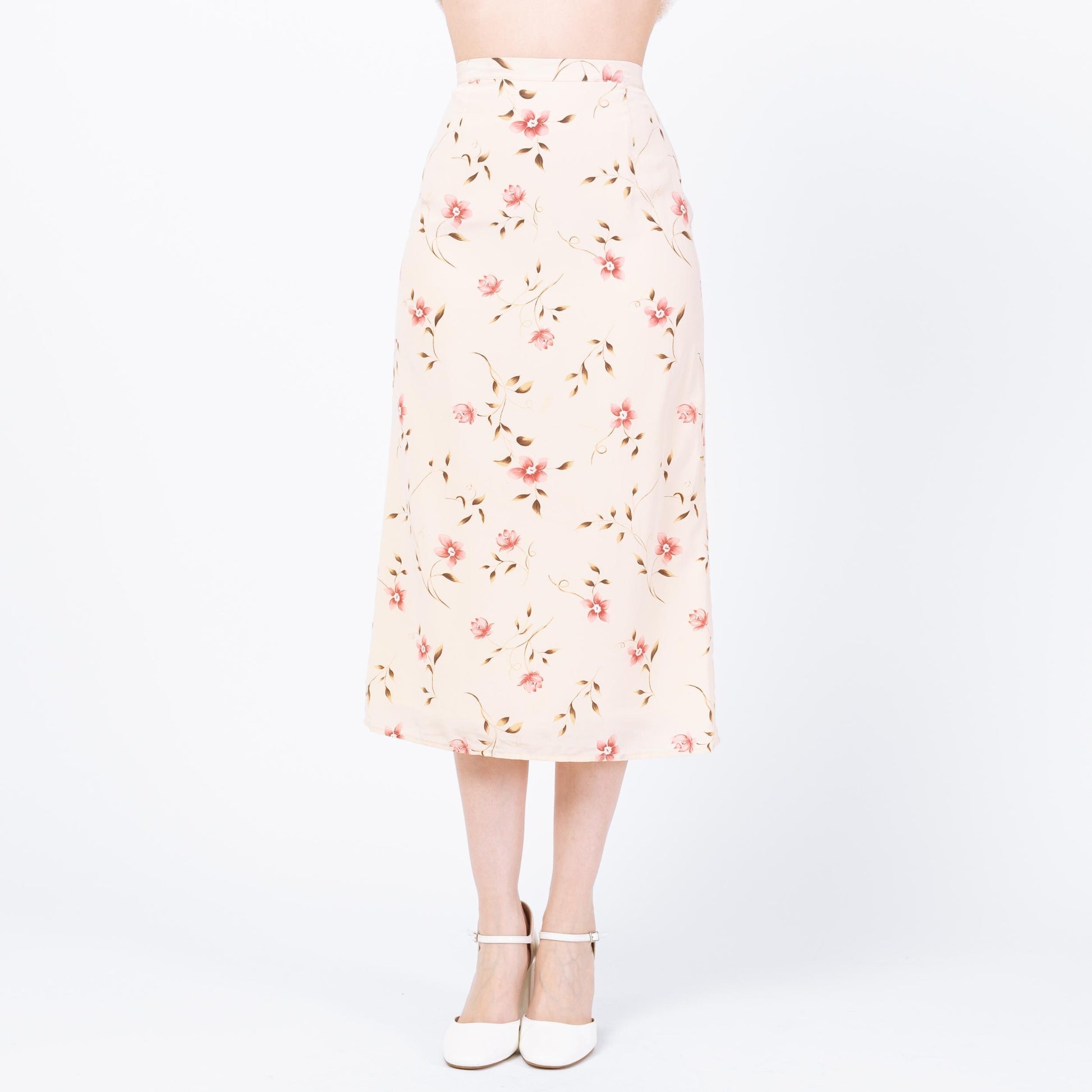 Vintage 90s Cream Silk Floral Midi Skirt - Extra Small, 24" | Boho High Waisted A Line Skirt