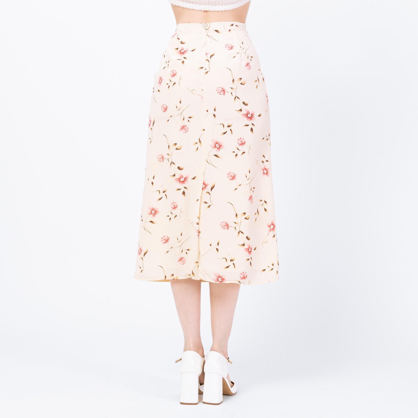 Vintage 90s Cream Silk Floral Midi Skirt - Extra Small, 24" | Boho High Waisted A Line Skirt