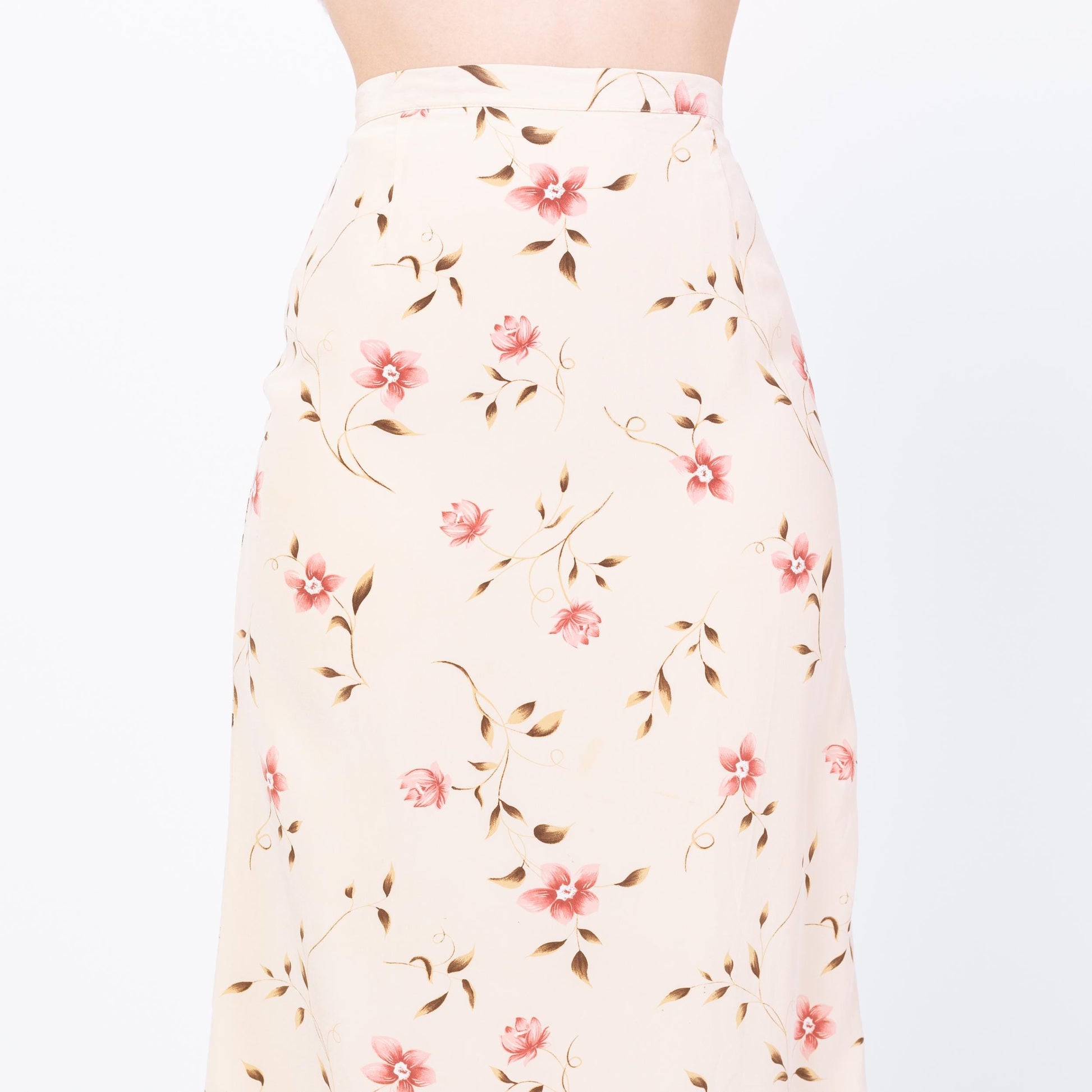 Vintage 90s Cream Silk Floral Midi Skirt - Extra Small, 24" | Boho High Waisted A Line Skirt
