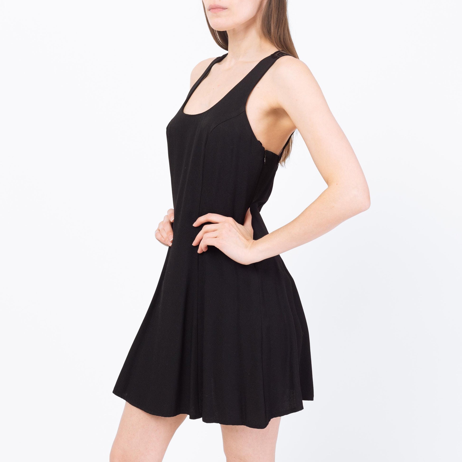Vintage 90s Black Illusion Lace Back Mini Dress - Small | Floral Mesh LBD Party Dress