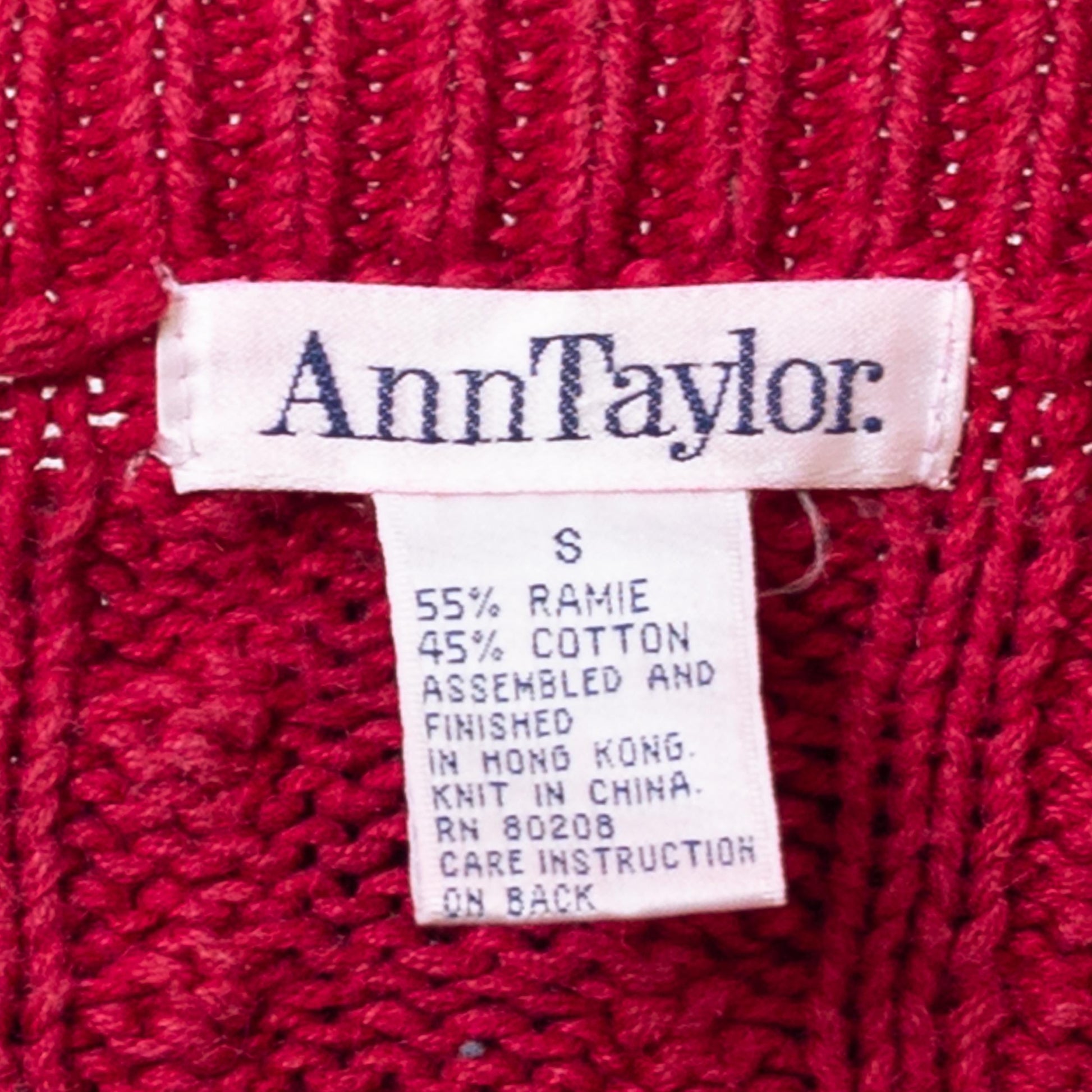 Vintage 90s Raspberry Red Cropped Cable Knit Sweater - Small | Embroidered Chunky Knit Pullover