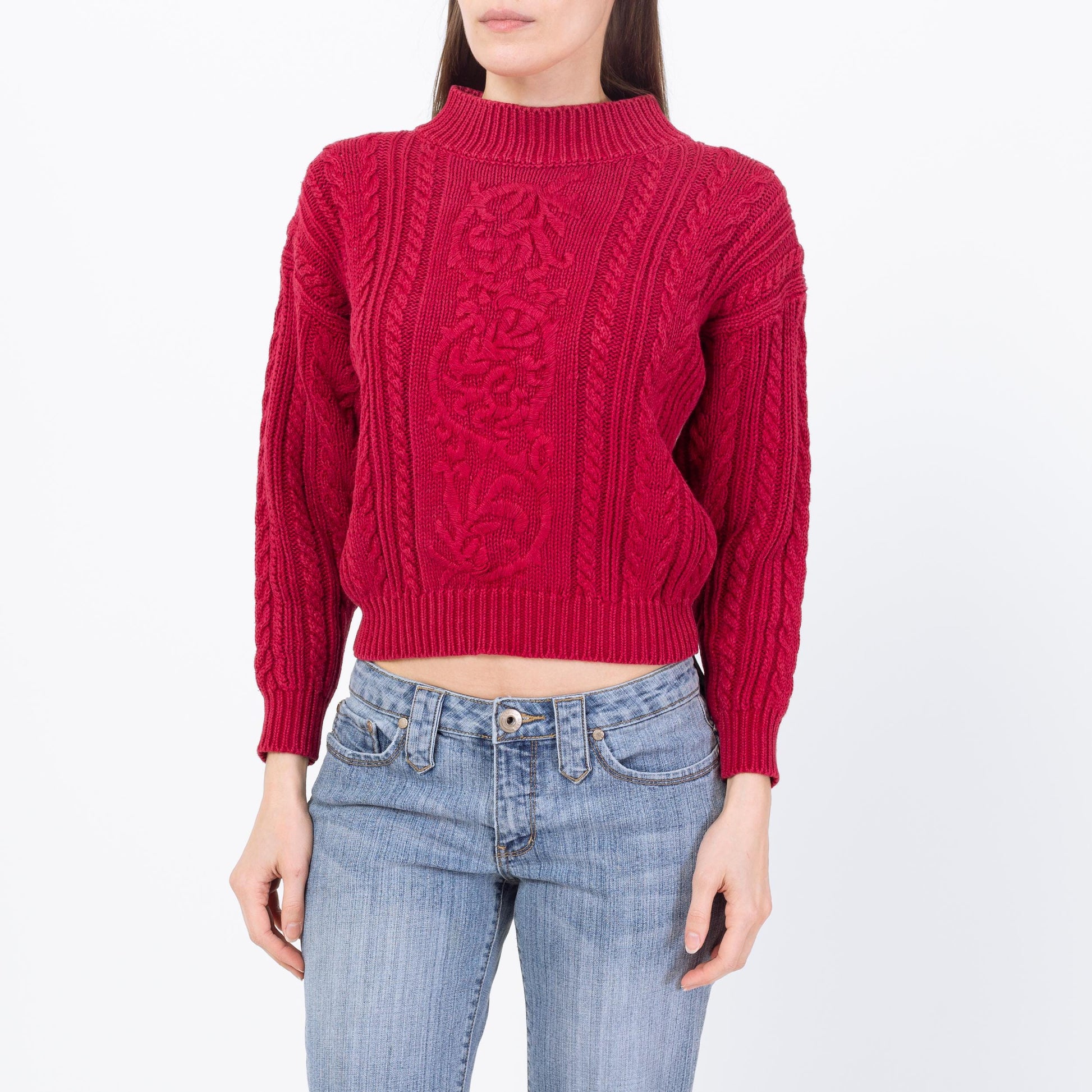Vintage 90s Raspberry Red Cropped Cable Knit Sweater - Small | Embroidered Chunky Knit Pullover