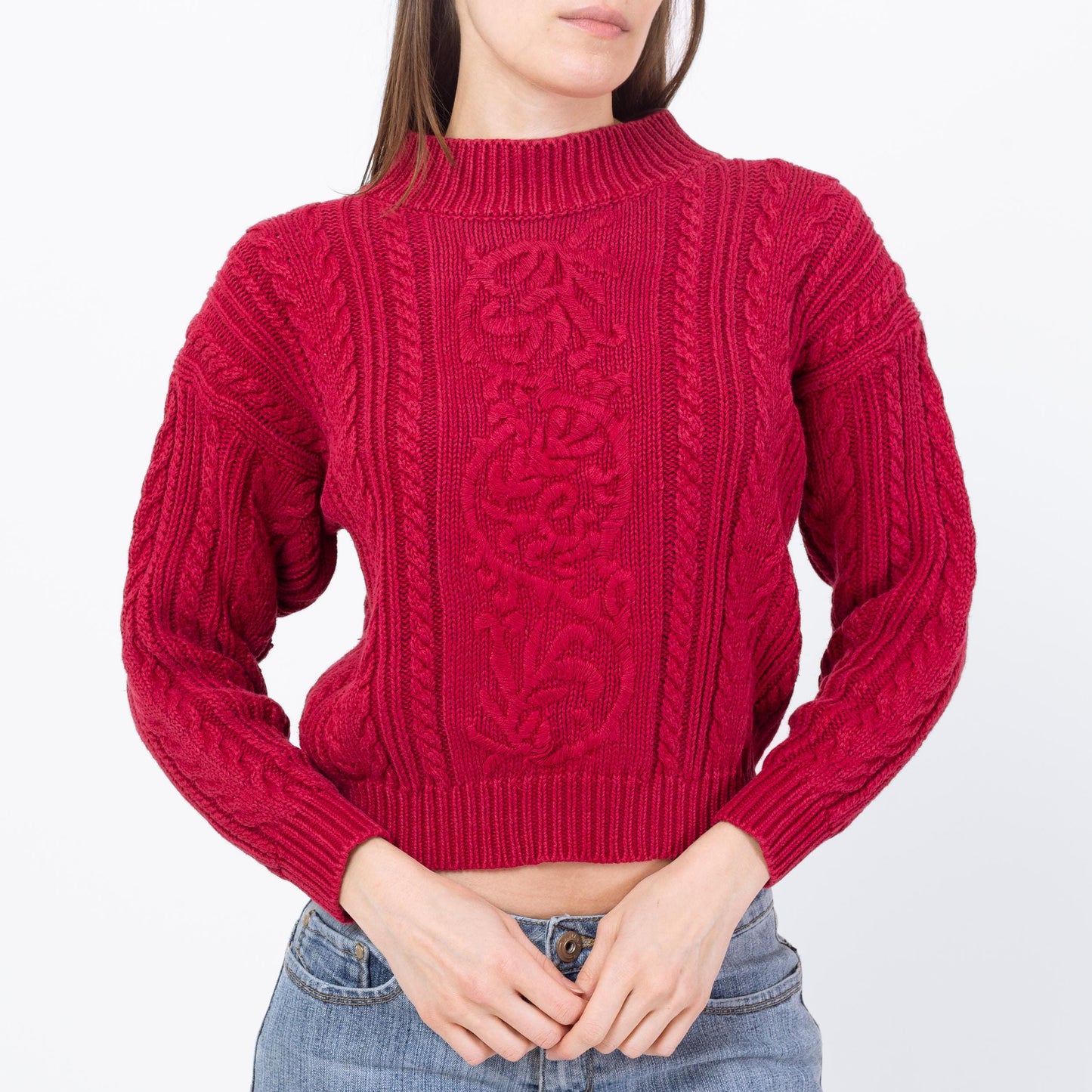 Vintage 90s Raspberry Red Cropped Cable Knit Sweater - Small | Embroidered Chunky Knit Pullover