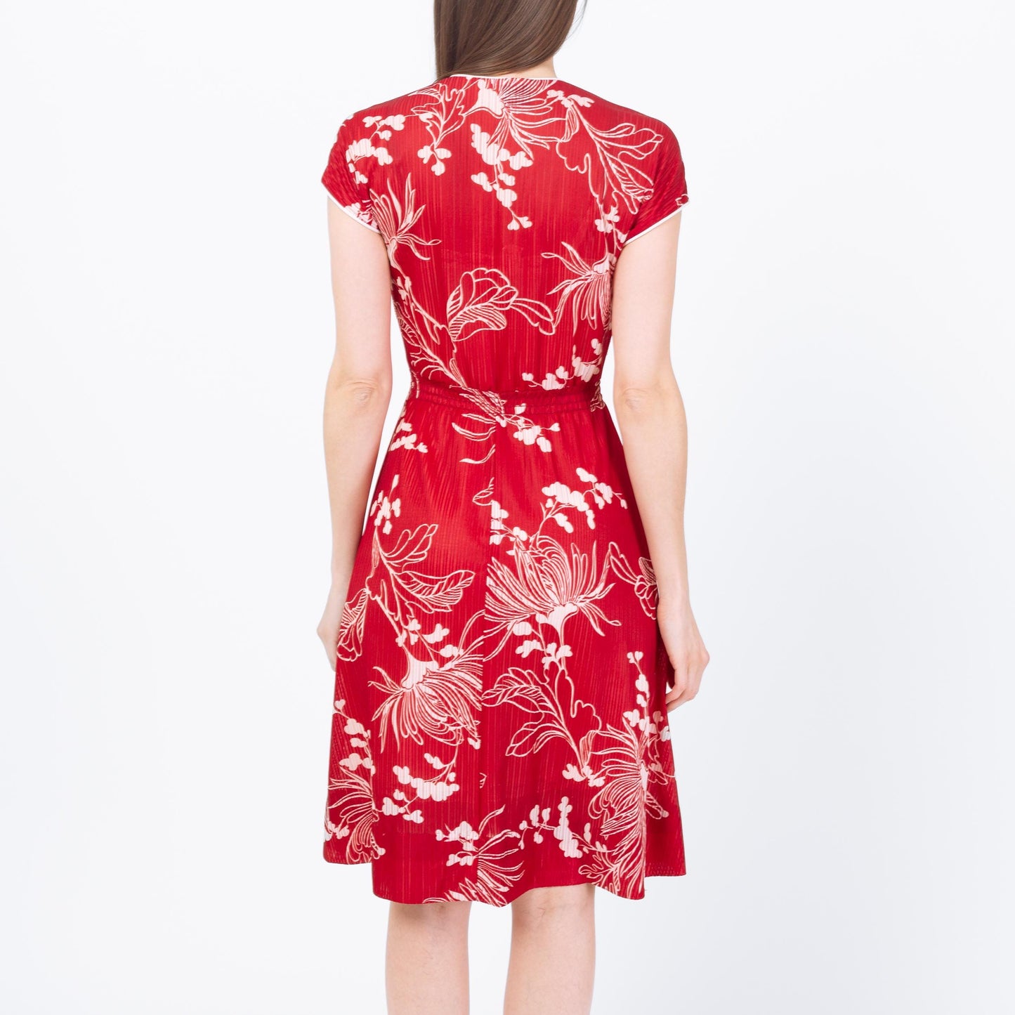 Vintage 70s Red & White Tropical Floral Sundress - Small | Boho V Neck Knee Length Summer Dress