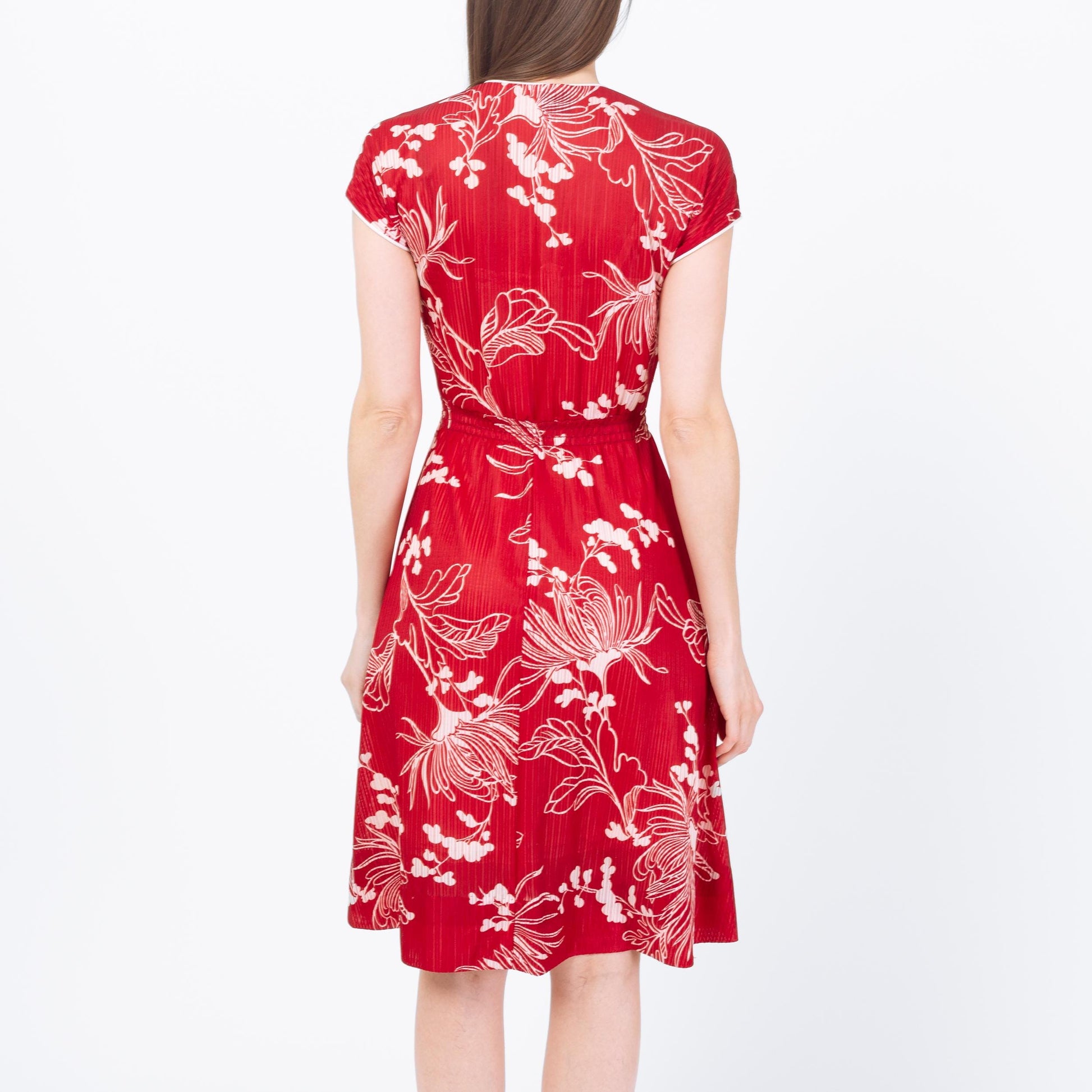 Vintage 70s Red & White Tropical Floral Sundress - Small | Boho V Neck Knee Length Summer Dress