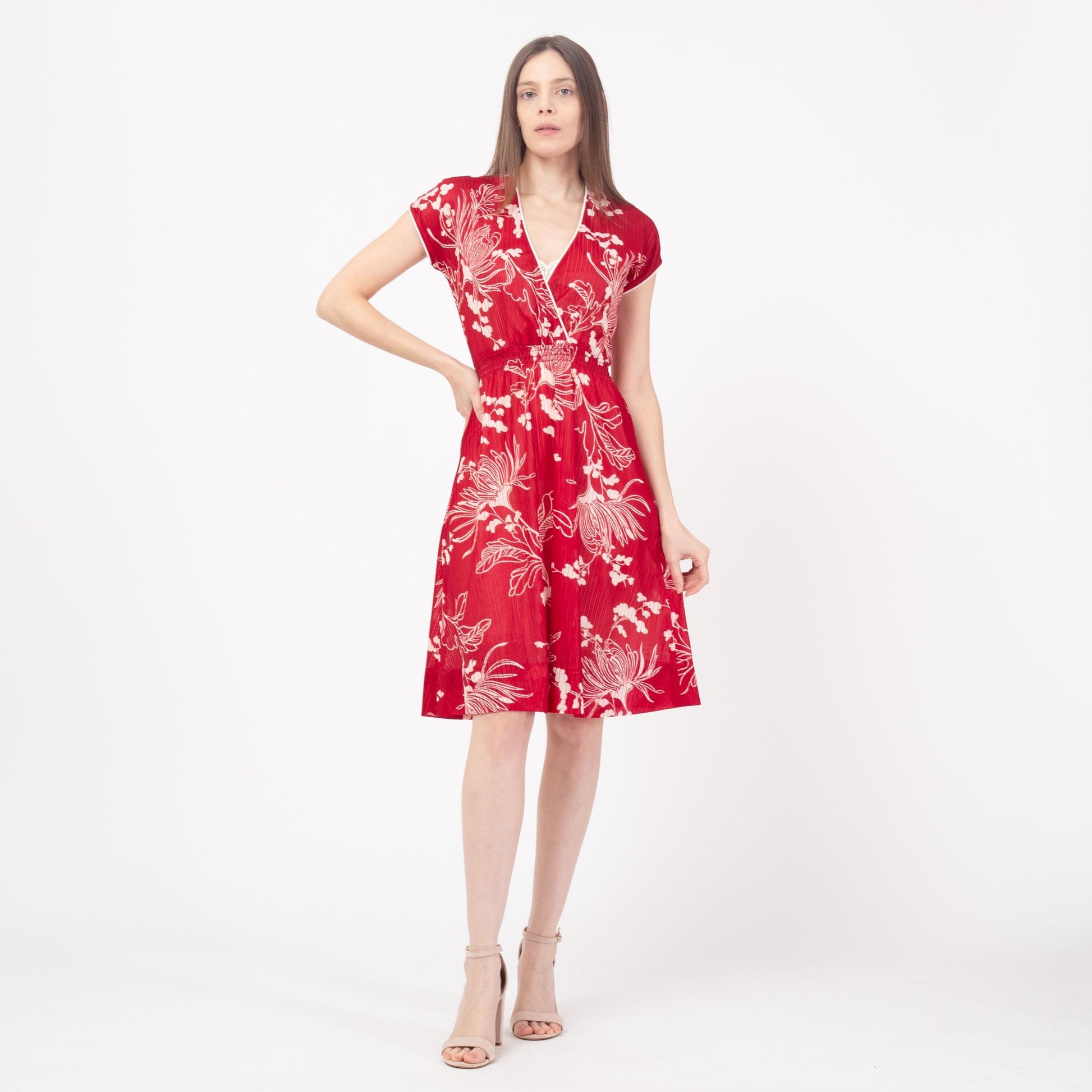 Vintage 70s Red & White Tropical Floral Sundress - Small | Boho V Neck Knee Length Summer Dress