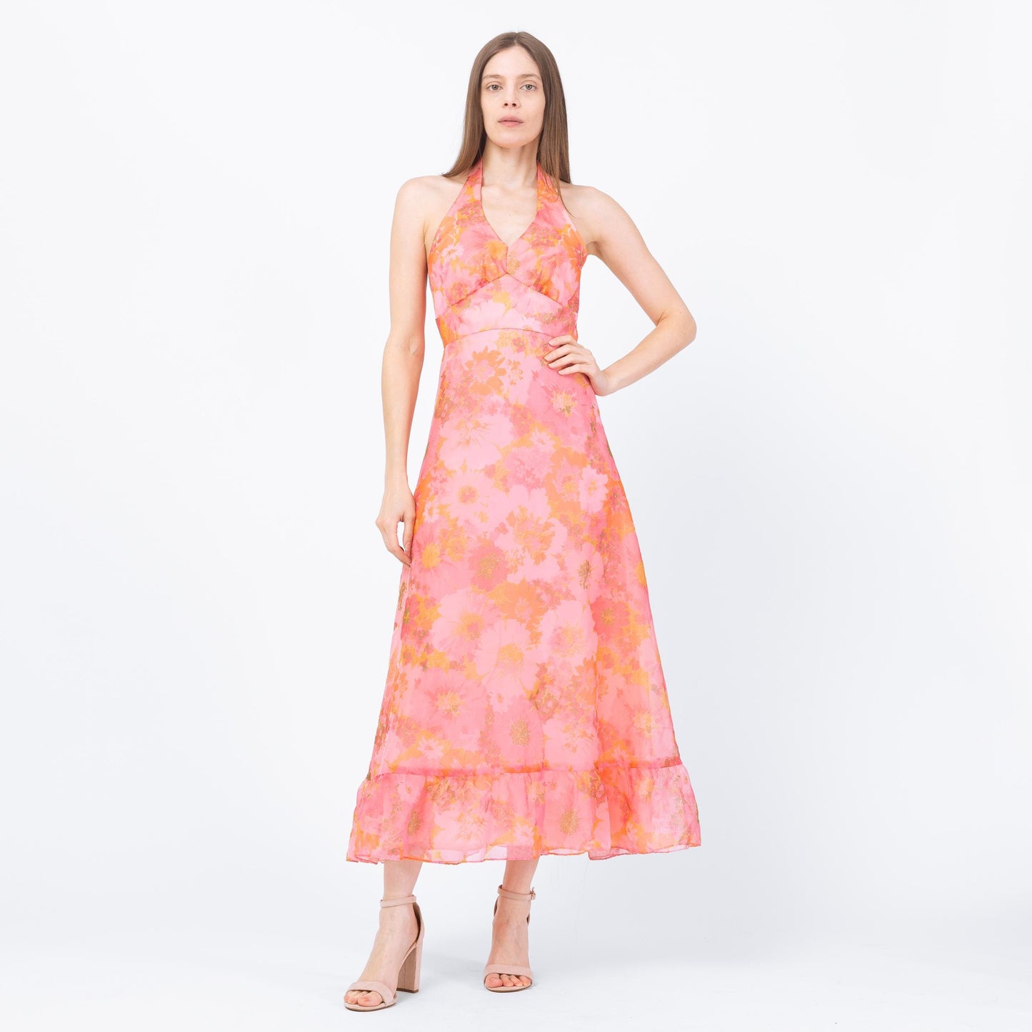 Vintage 70s Pink Floral Organza Maxi Dress - Petite Small | Boho Hippie Halter Sundress