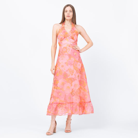 Vintage 70s Pink Floral Organza Maxi Dress - Petite Small | Boho Hippie Halter Sundress