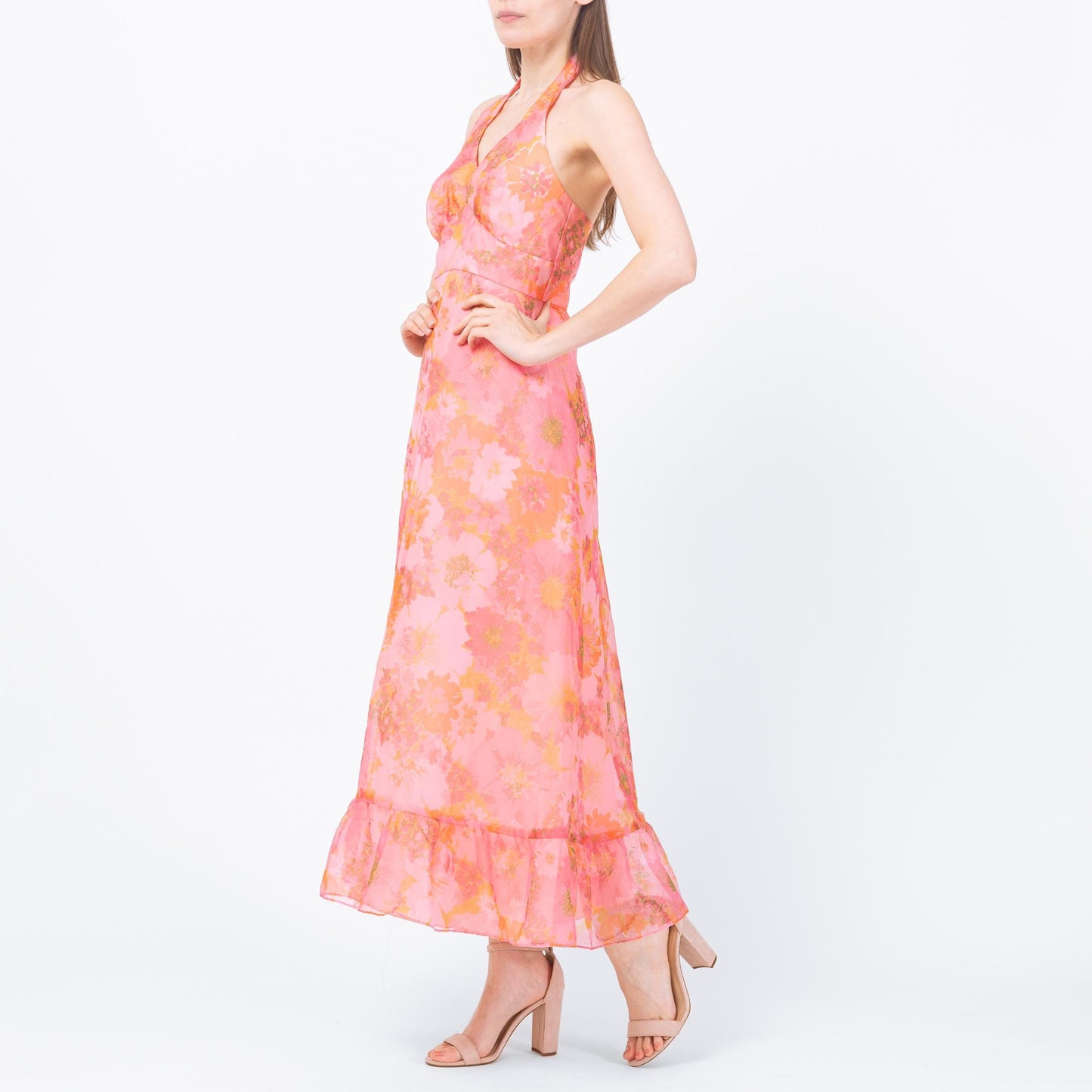 Vintage 70s Pink Floral Organza Maxi Dress - Petite Small | Boho Hippie Halter Sundress